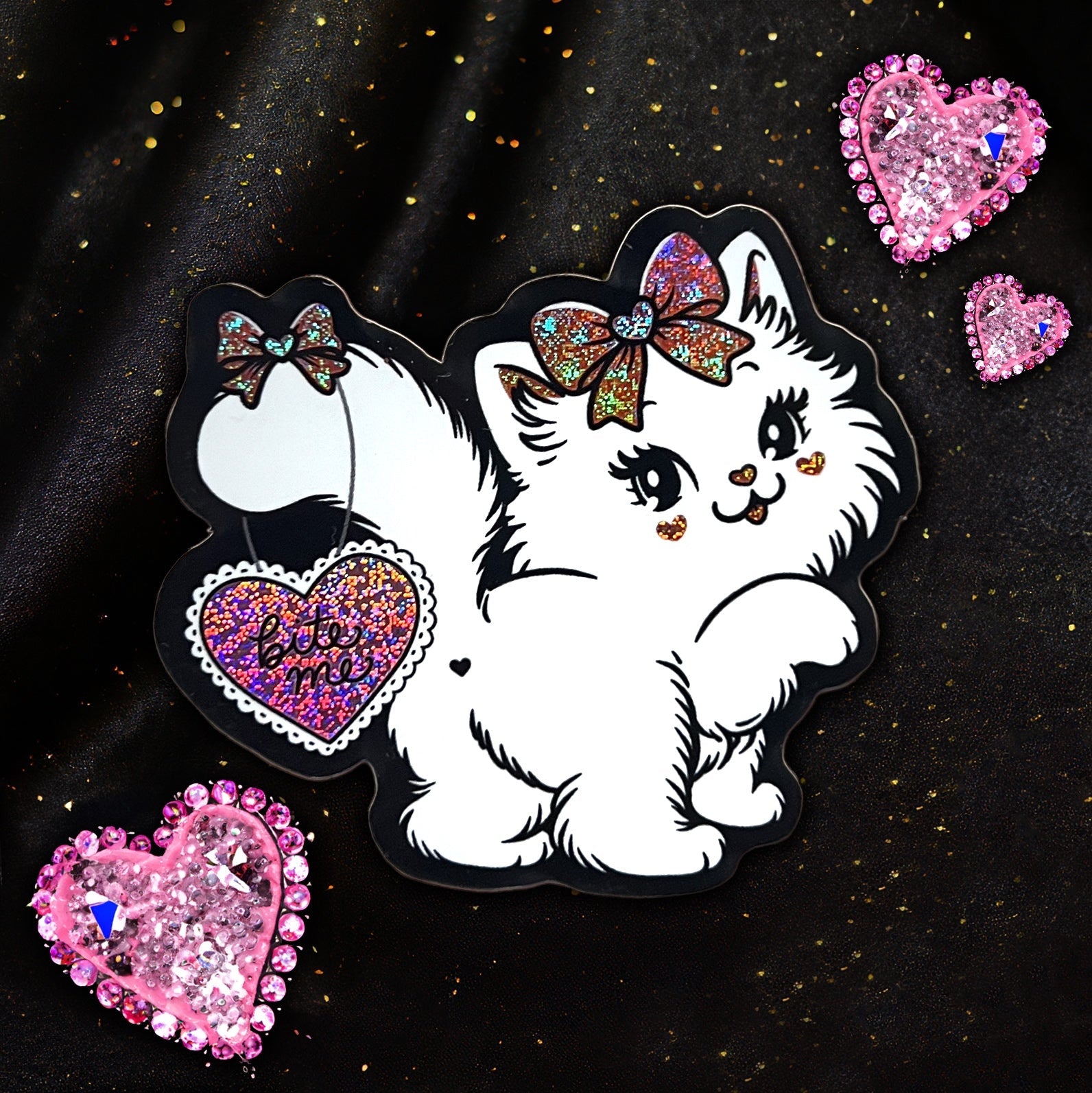 Sassy kitty cat glitter holo sticker with "Bite Me" text, featuring shiny, colorful holographic design by Moonstruck Crystals.