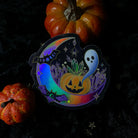 Holo crystal Halloween sticker by Moonstruck Crystals featuring iridescent, holographic Halloween-themed design with shimmering details.