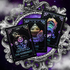 Crystal Portal Oracle Card Deck by Moonstruck Crystals, featuring colorful mystical cards spread out on a wooden surface.