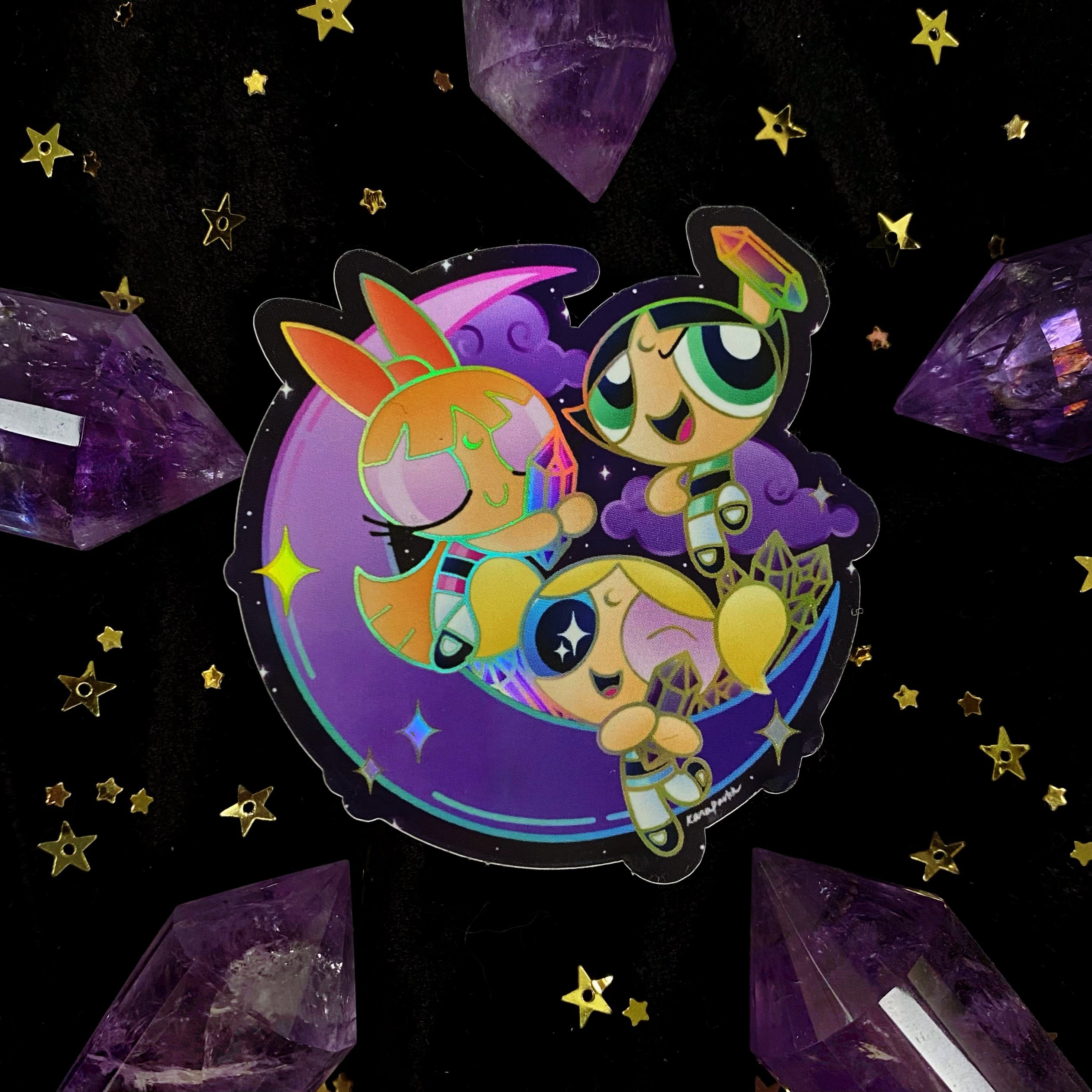 Holo Crystal Powerpuff Girls sticker featuring vibrant colors and character design, inspired by Moonstruck Crystals.