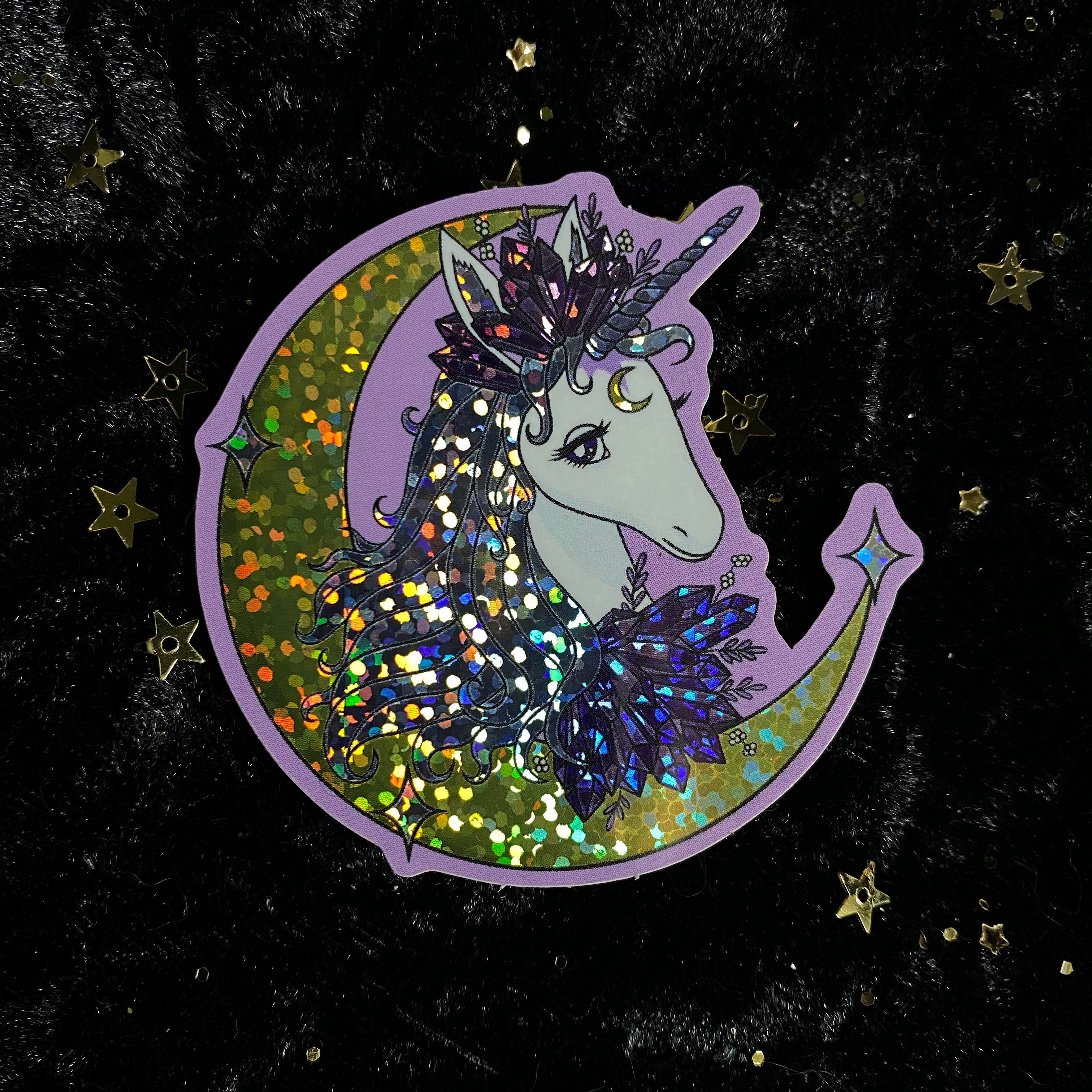 Glitter crystal unicorn sticker by Moonstruck Crystals featuring a shiny, colorful unicorn design with sparkling accents.