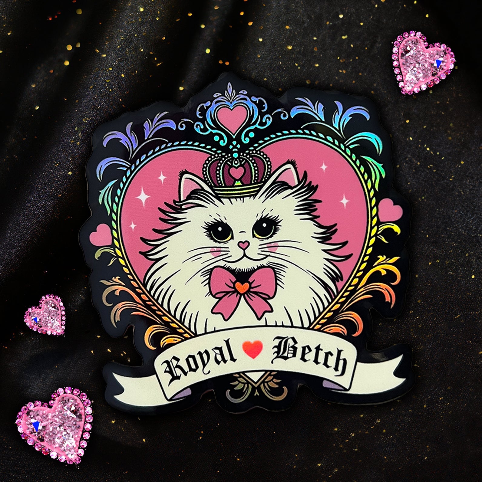 Sassy kitty cat holo sticker from Moonstruck Crystals with vibrant rainbow holographic design and playful feline illustration.