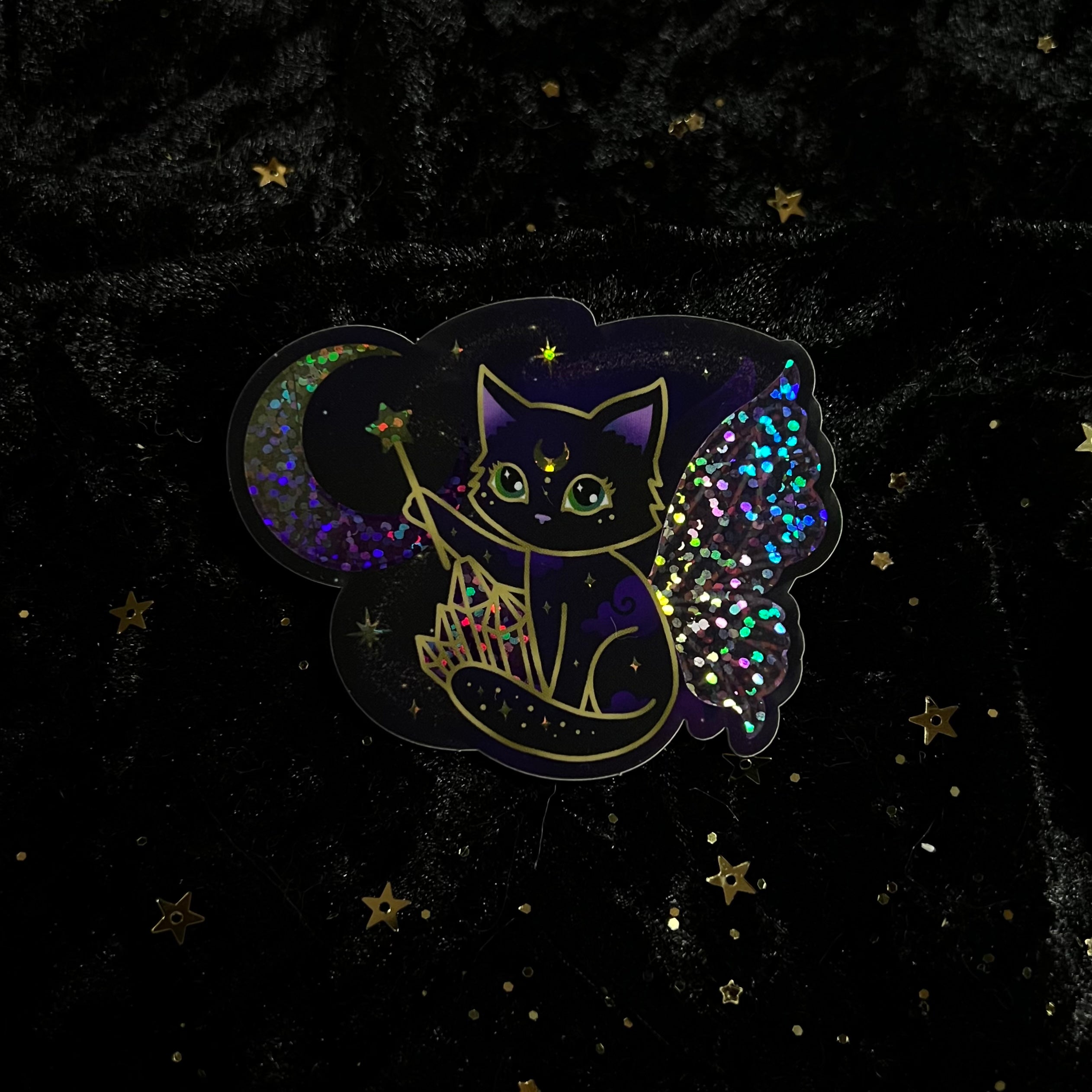 Set of Crystal Fairy Kitty Cat Stickers by Moonstruck Crystals featuring colorful, whimsical fairy cat designs on adhesive stickers.