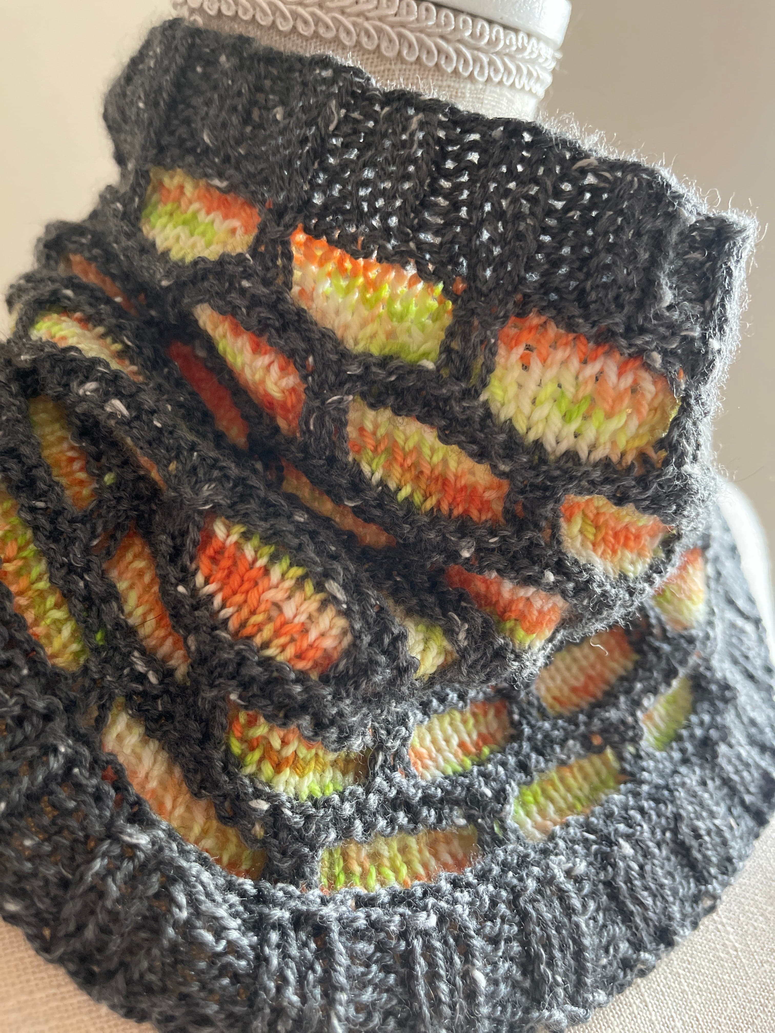 Digital pattern for Haunted Honeycombs Cowl by Mountaintop Yarn, showcasing a cozy, textured knit cowl design on a neutral background.