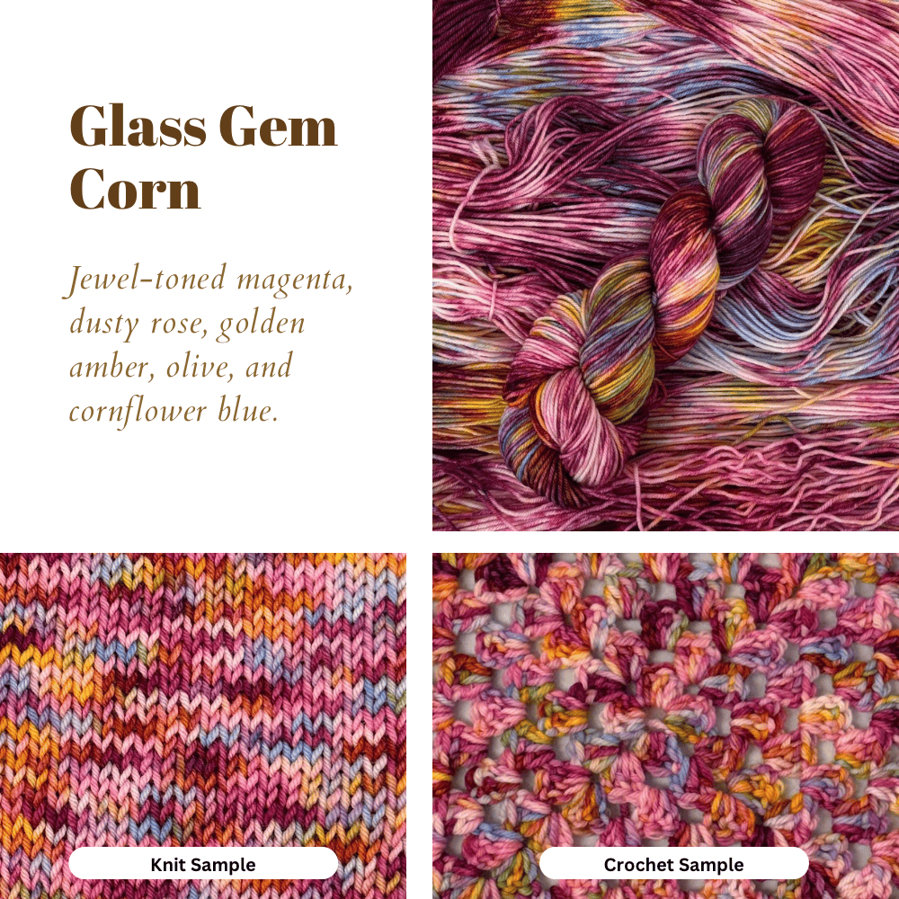 Mountaintop Yarn Glass Gem Corn yarn ball showcasing vibrant, multicolored yarn inspired by glass gem corn for knitting and crochet projects.