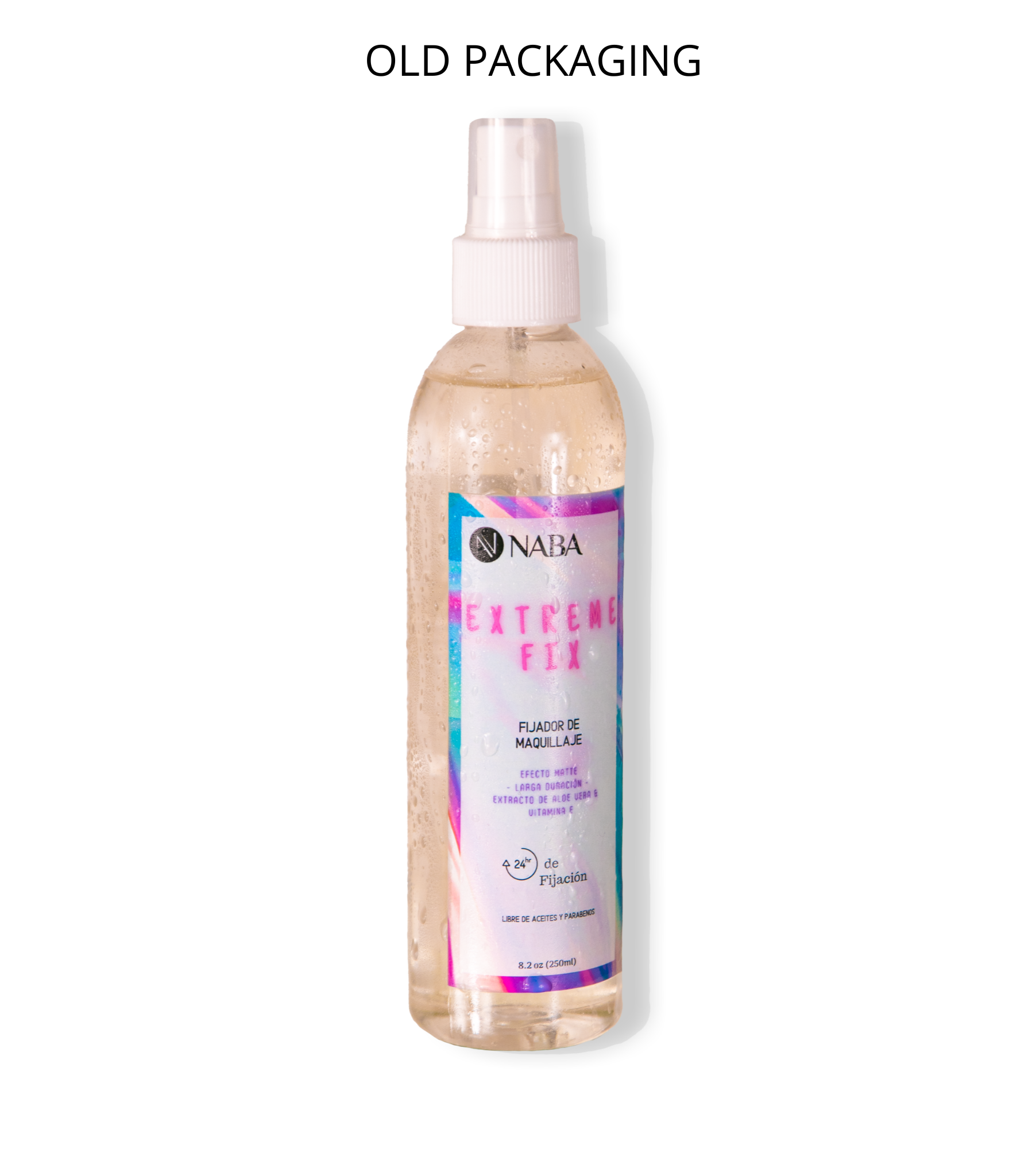 NABA Cosmetics USA 60ml makeup setting spray in clear bottle with spray nozzle, ready to set makeup.
