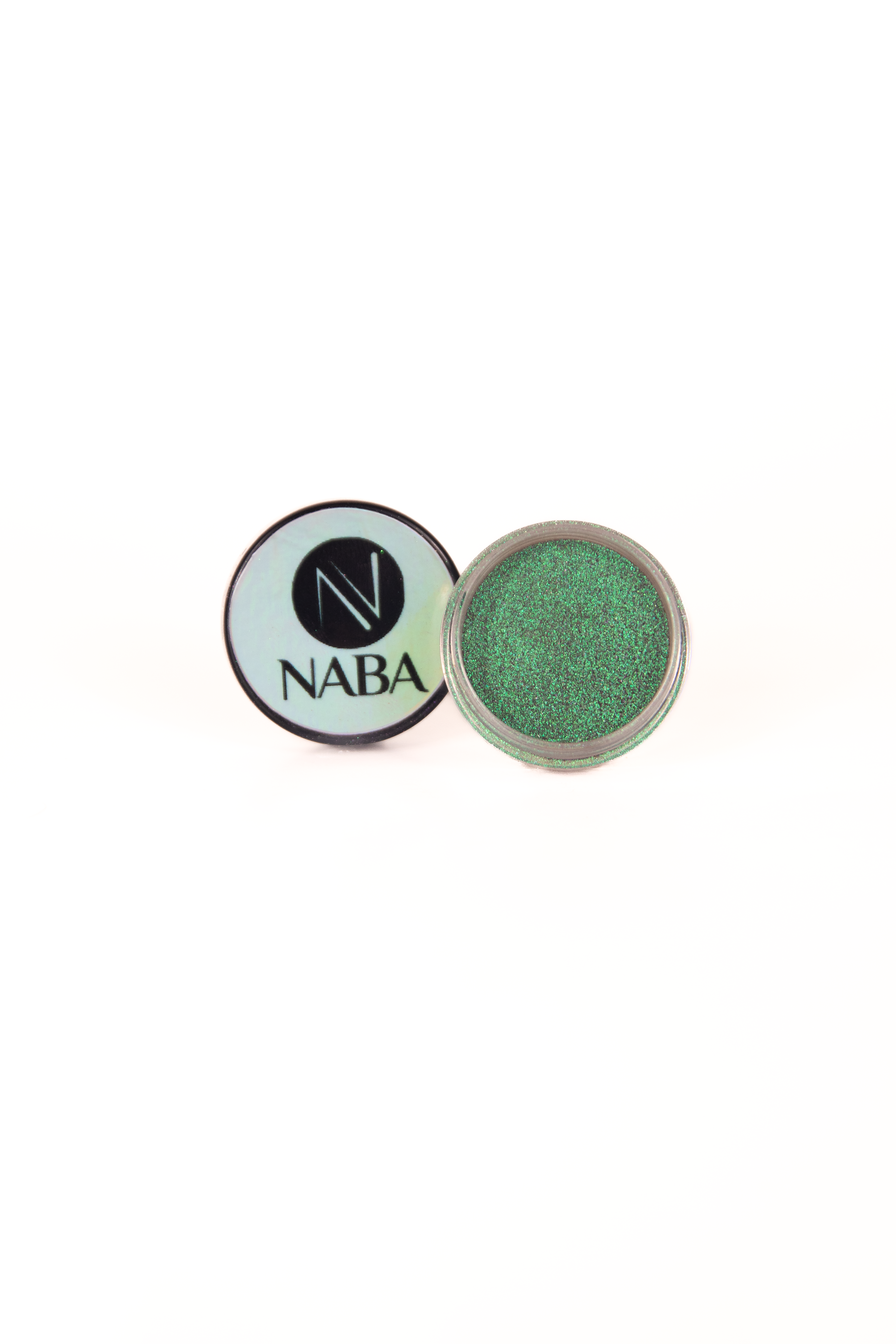 NABA Cosmetics USA Jade Pigment in a small jar, showcasing vibrant green mineral eyeshadow with a shimmery finish.
