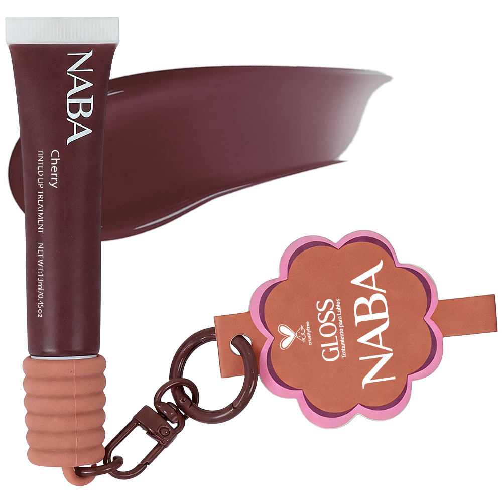 NABA Cosmetics USA Cherry lip gloss tube with clear packaging and vibrant red cherry shade visible inside