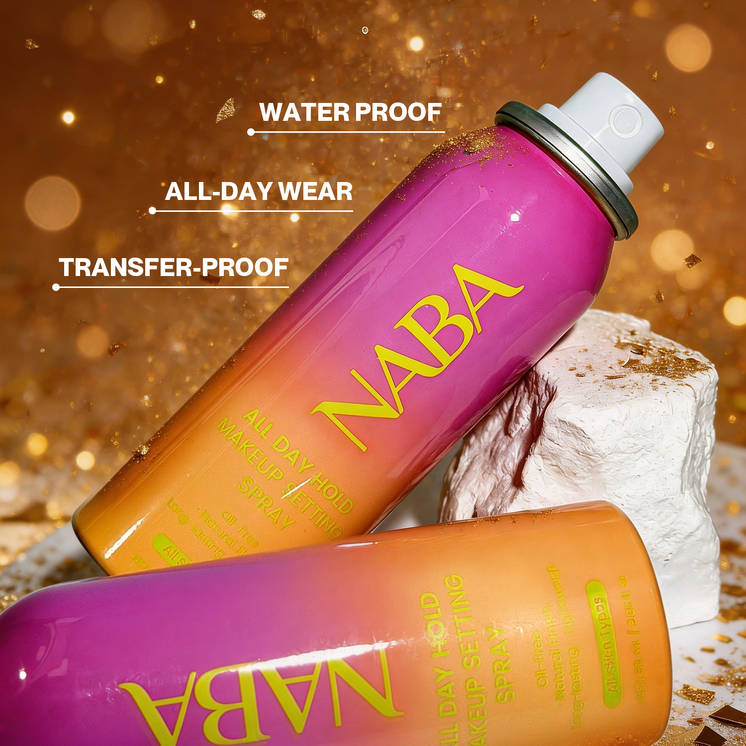 NABA All Day Hold aerosol setting spray by NABA Cosmetics USA, clear bottle with spray nozzle, ready for long-lasting hair hold.