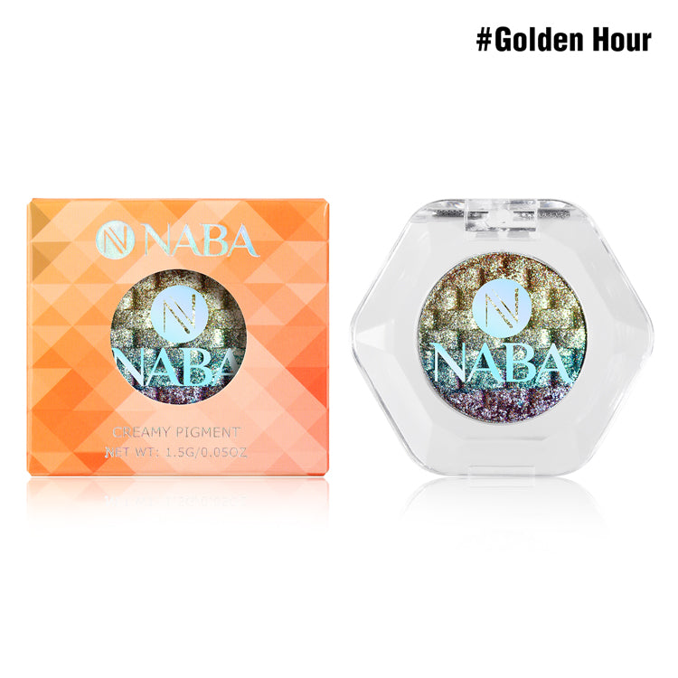 Rainbow Creamy Pigment in Golden Hour by NABA Cosmetics USA displayed in a vibrant, multicolored cosmetic jar.