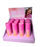 Display of 12 NABA Cosmetics USA long-lasting setting sprays in clear bottles with black caps, arranged on a white background.