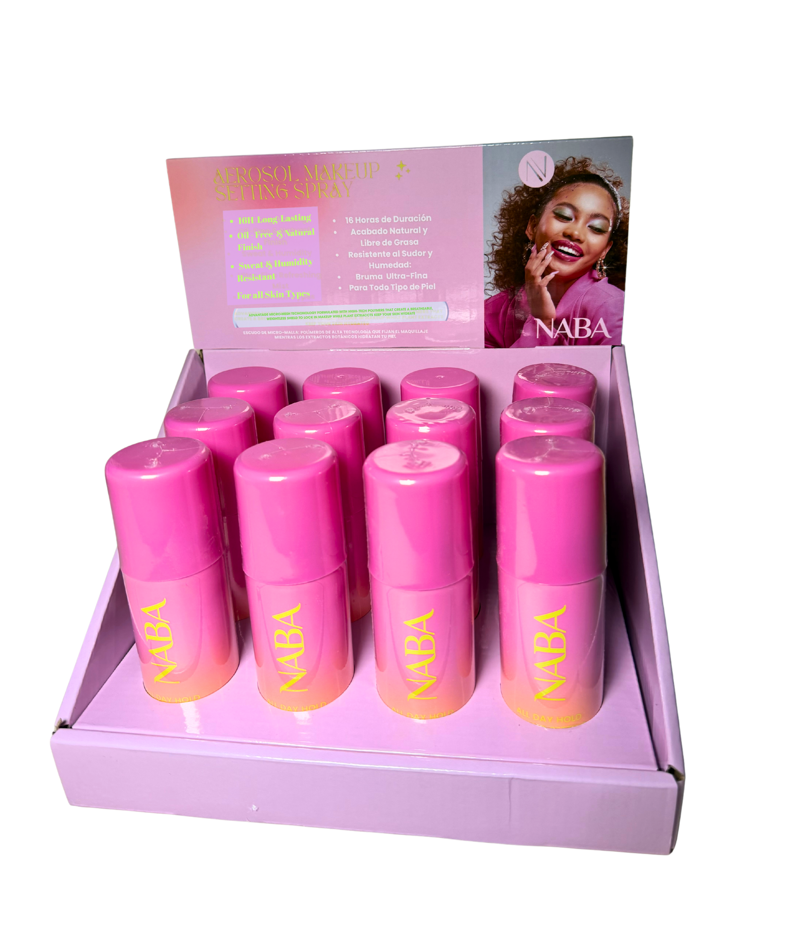 Display of 12 NABA Cosmetics USA long-lasting setting sprays in clear bottles with black caps, arranged on a white background.