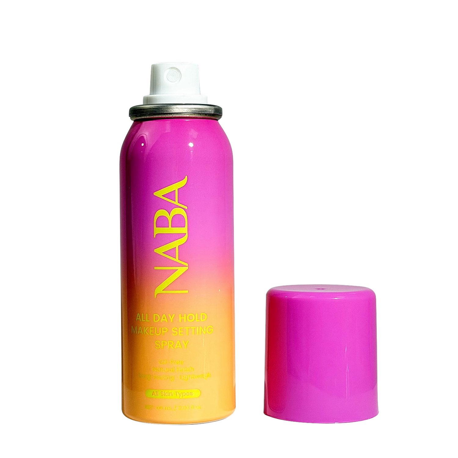 Display of 12 NABA Cosmetics USA setting sprays in clear bottles with black caps, arranged in a retail display.