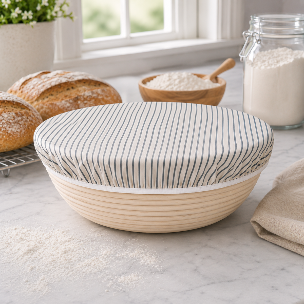 Reusable beeswax bowl covers for bread proofing from Nectar & Nest, XL size 12-inch covers on natural bread proofing bowls.