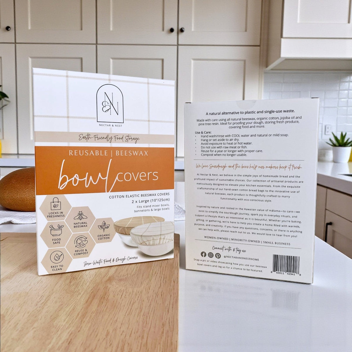 Reusable beeswax bowl covers for bread proofing, Nectar & Nest L-10 inch bowl covers, natural beeswax with fabric edges.