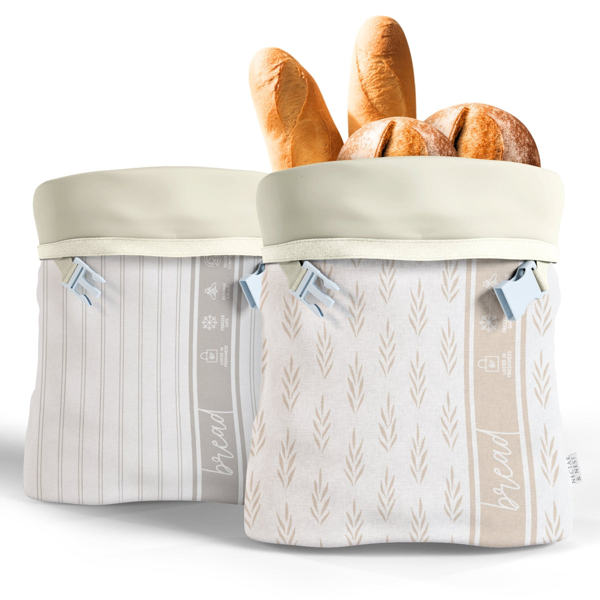 Reusable beeswax bread bags for homemade bread and sourdough by Nectar & Nest, showing natural beeswax-coated fabric and bread inside.