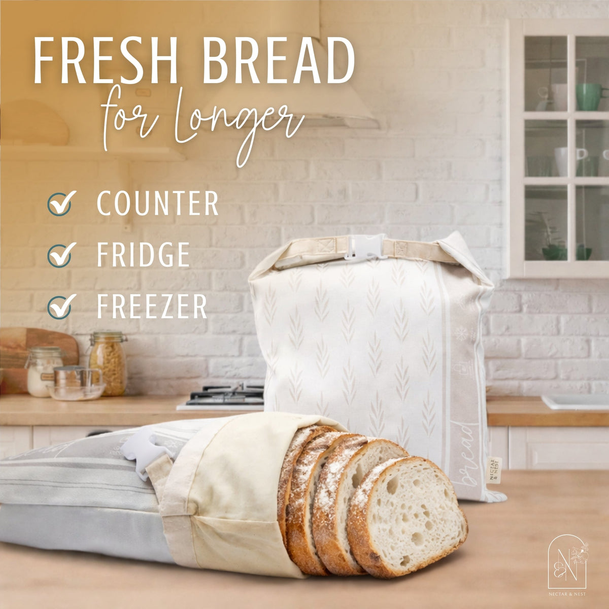 Reusable beeswax bread bags from Nectar & Nest for storing homemade bread and sourdough, with natural beeswax coating and breathable fabric.