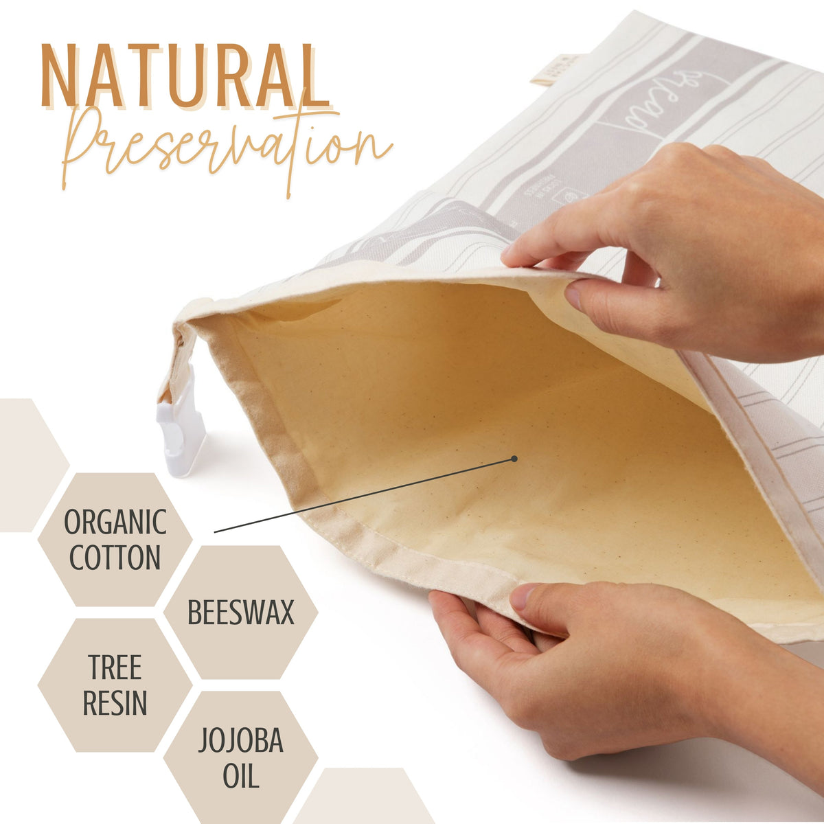 Reusable beeswax bread bags from Nectar & Nest for storing homemade bread and sourdough, with natural beeswax finish and breathable fabric.