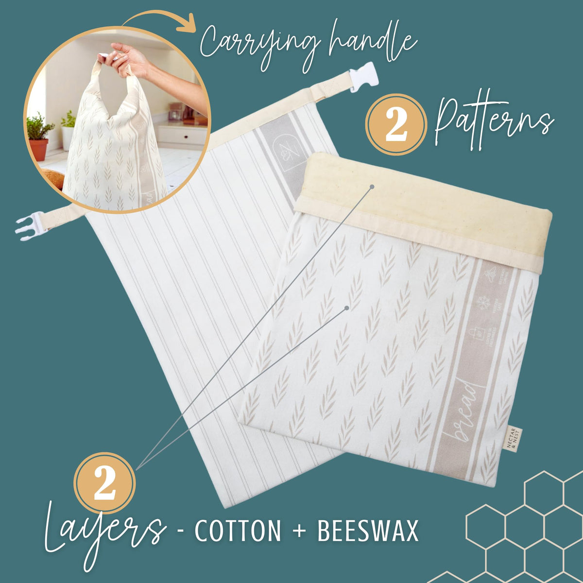 Reusable beeswax bread bags for homemade bread and sourdough by Nectar & Nest, showing natural beeswax-coated fabric and bread inside.