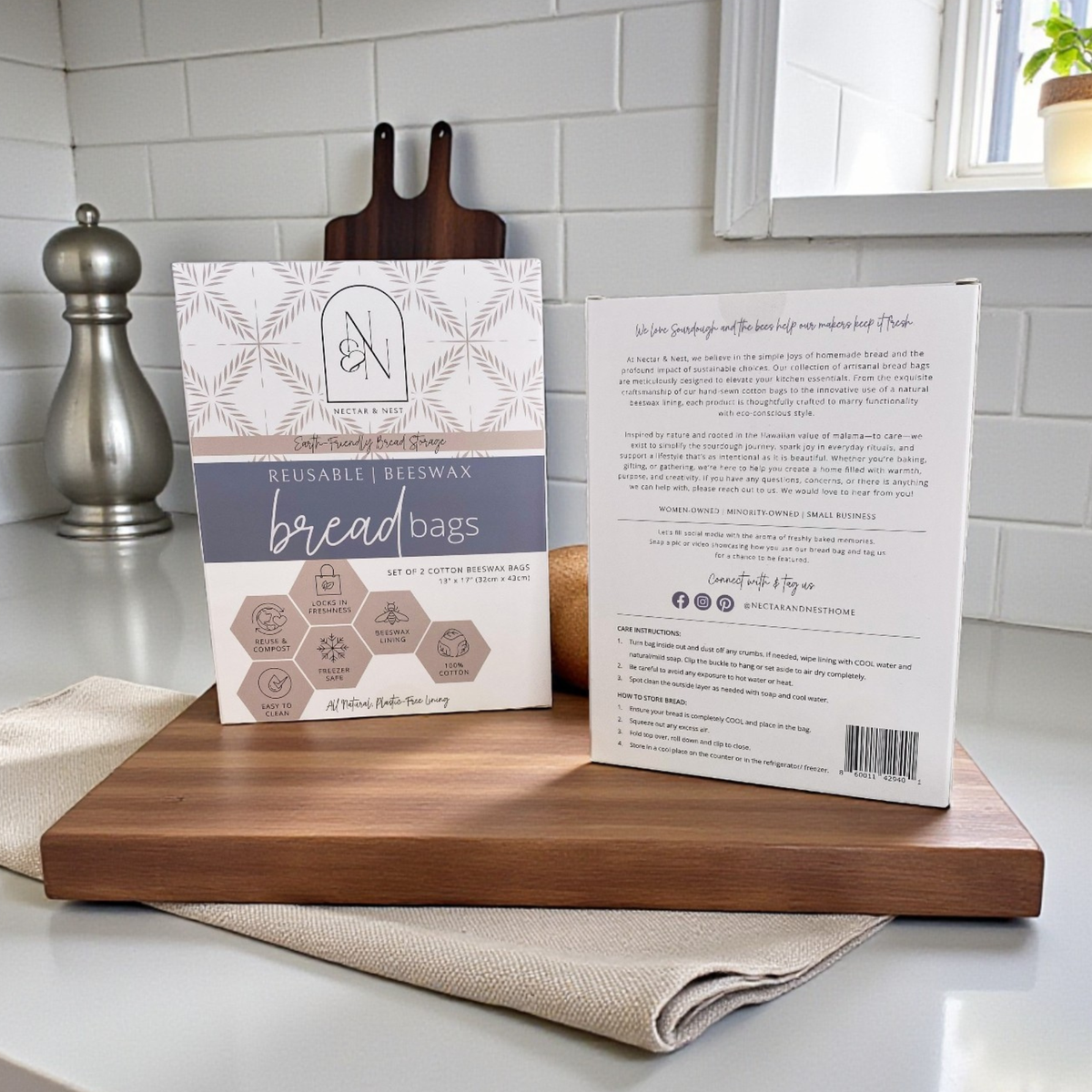 Reusable beeswax bread bags by Nectar & Nest for homemade bread and sourdough, with natural beeswax coating and breathable fabric.