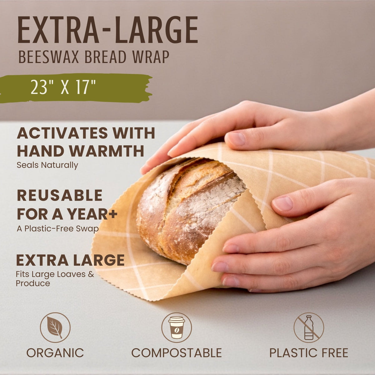 XL Beeswax Bread Wraps by Nectar & Nest with honeycomb-patterned twill fabric for eco-friendly food storage.