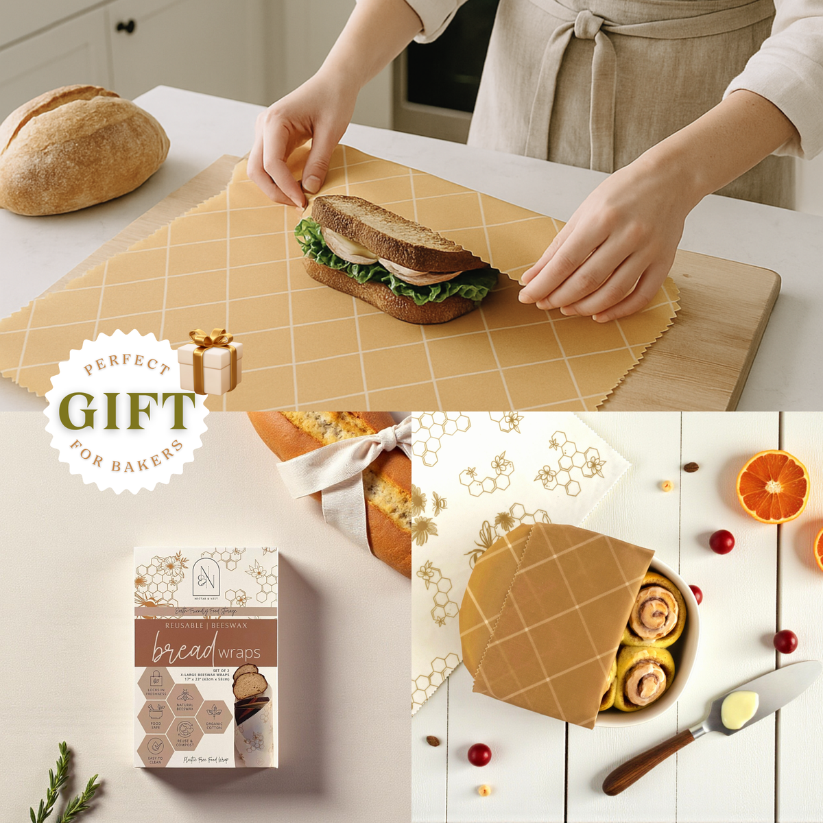 XL beeswax bread wraps by Nectar & Nest with honeycomb twill pattern, eco-friendly reusable food wrap for bread and baked goods.