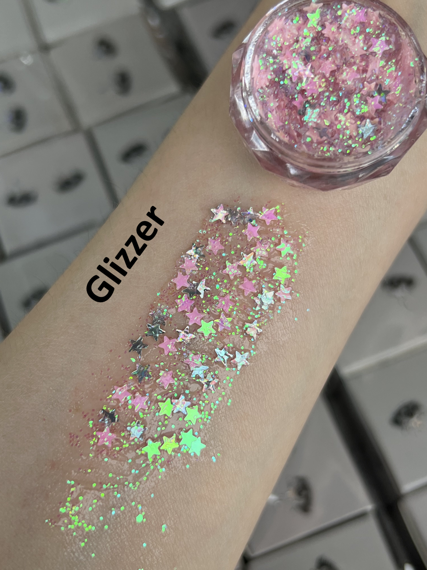 Nekoyanin Gel Glitter Tears in a jar with shimmering silver glitter, perfect for nail art and decorative crafts.