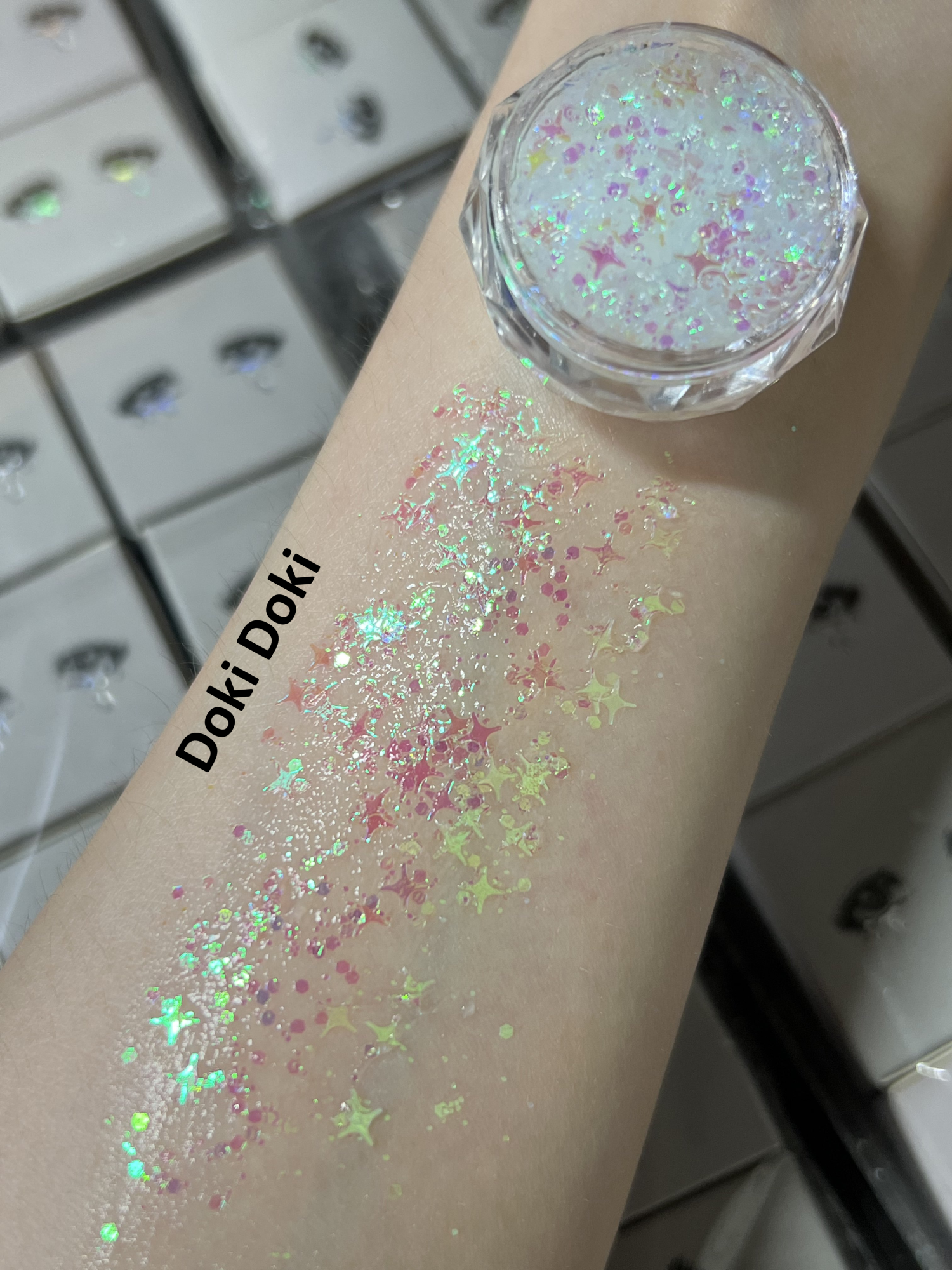 Nekoyanin Gel Glitter Tears in a jar with shimmering silver glitter, perfect for nail art and cosmetic decoration.