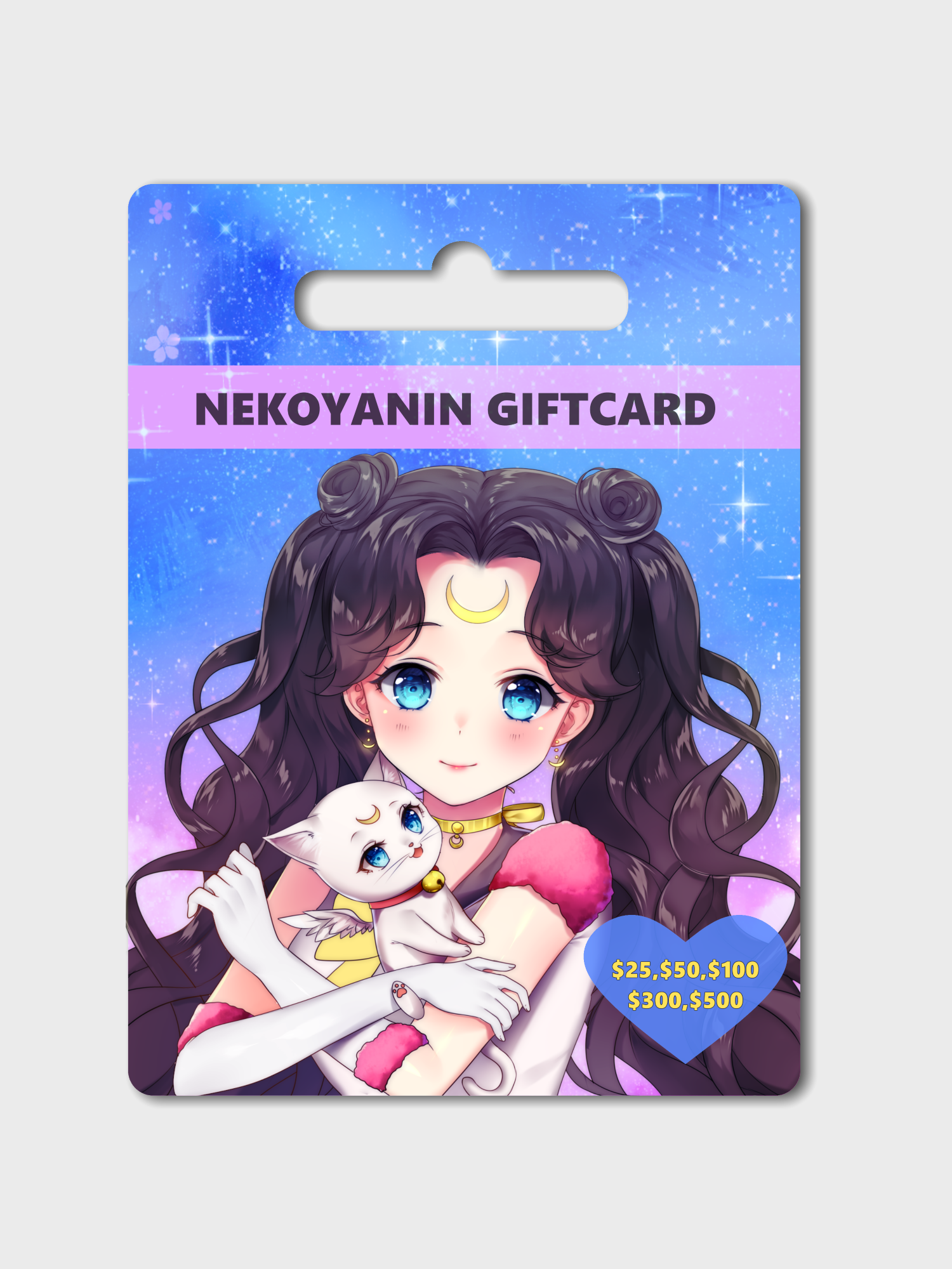 Nekoyanin gift card featuring colorful cat illustrations and branding, ideal for gifting and online purchases.
