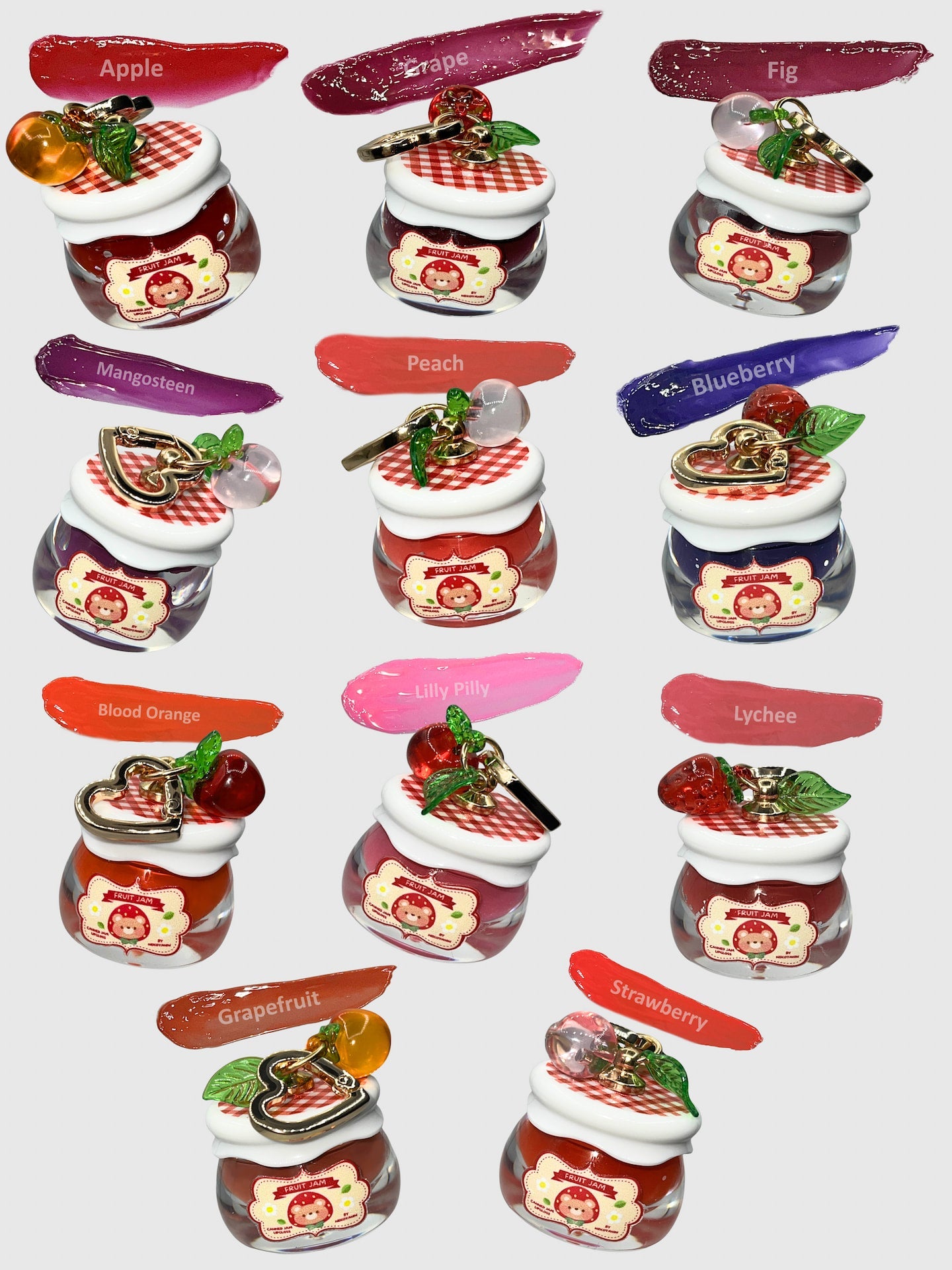 Nekoyanin Fruit Jam Lip Gloss Keychain featuring a cute apple-shaped design with glossy fruit jam appearance.