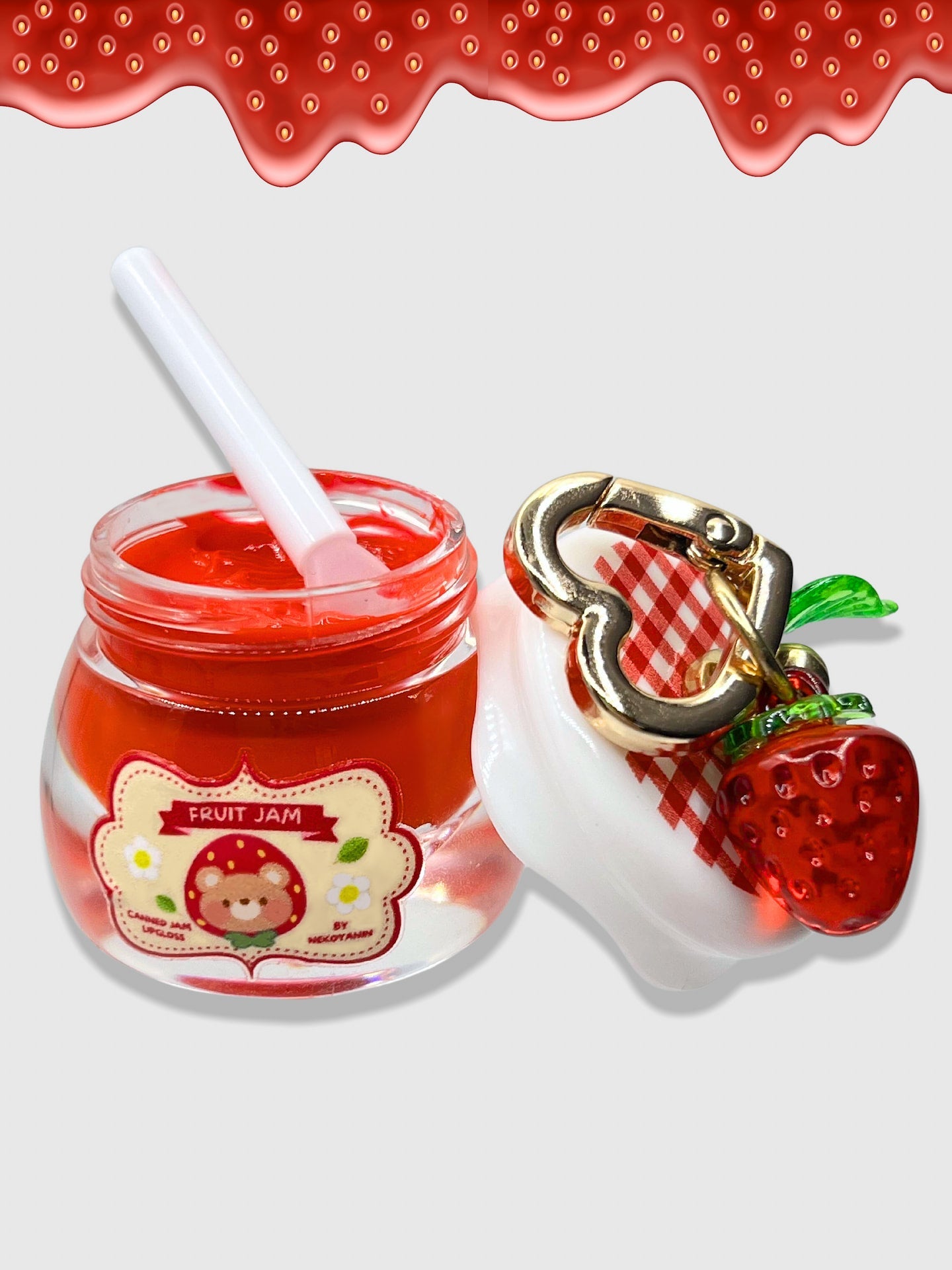 Nekoyanin Fruit Jam Lip Gloss Keychain featuring a cute apple-shaped lip gloss container with fruit jam design.