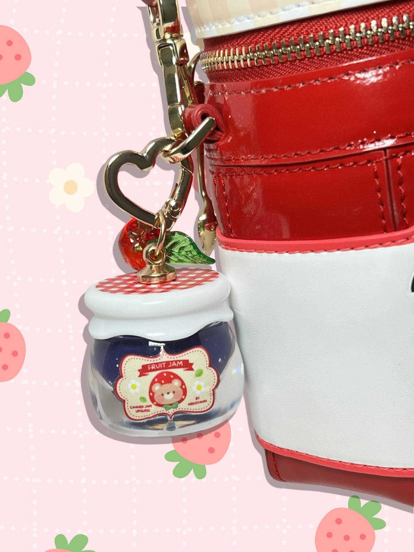 Nekoyanin Fruit Jam Lip Gloss Keychain featuring a cute apple-shaped fruit jam design and clear lip gloss inside.