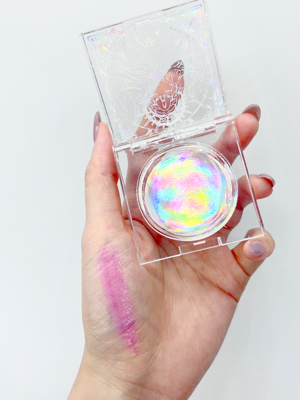 Nekoyanin anime color changing blush in clear quartz shade, showing a compact with pink tinted blush and decorative design.