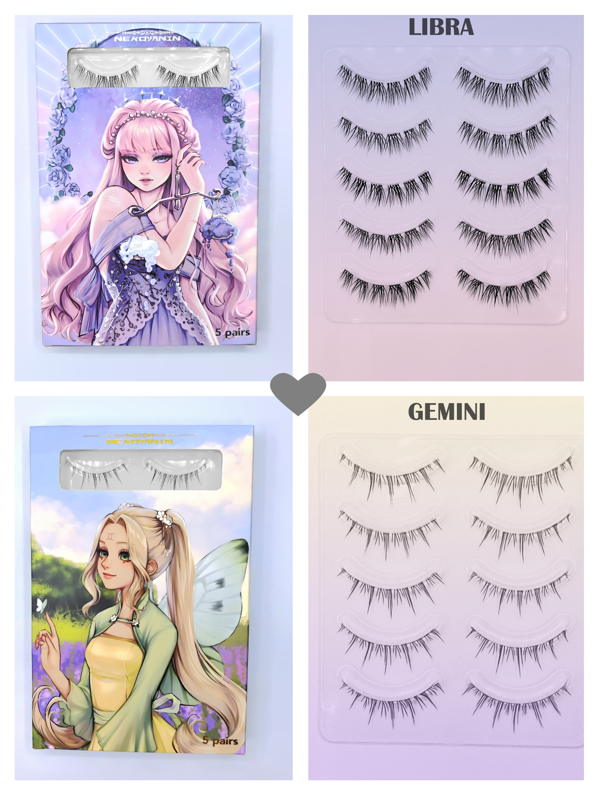 Nekoyanin Zodiac Manga Lashes featuring Cancer zodiac design with long, dramatic black false eyelashes for a stylish look.