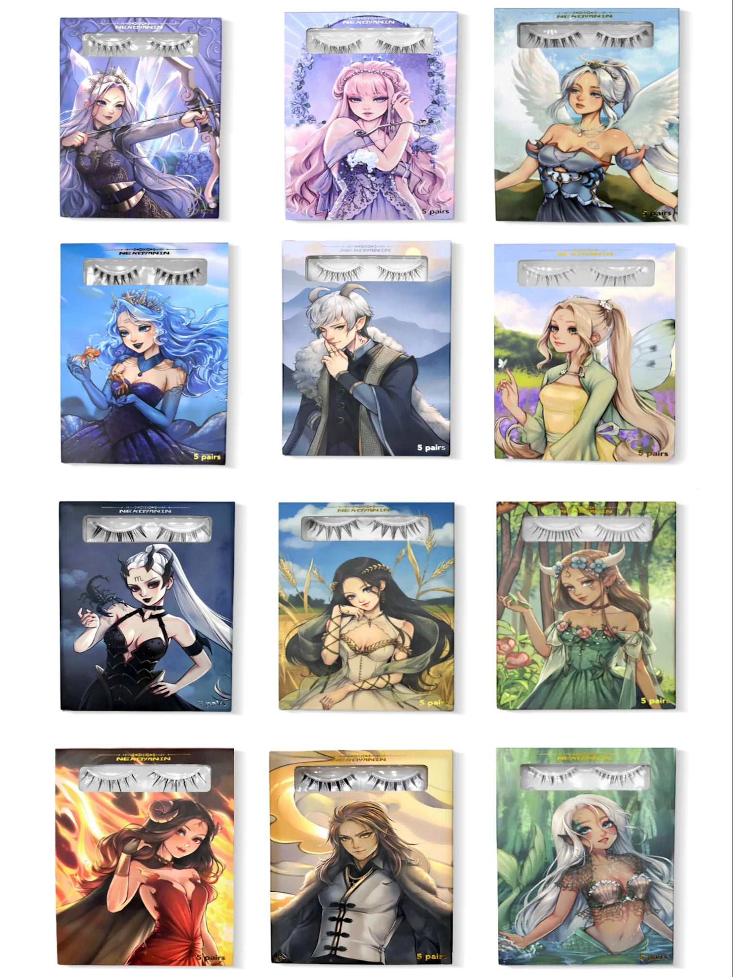 12 Zodiac Manhua Anime Lashes bundle by Nekoyanin featuring themed lash designs inspired by zodiac symbols and anime art.