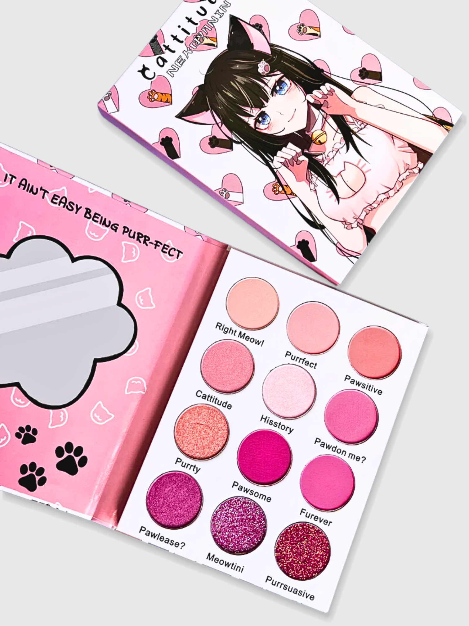 Nekoyanin Cattitude eyeshadow palette with colorful cat-themed shades and playful packaging.