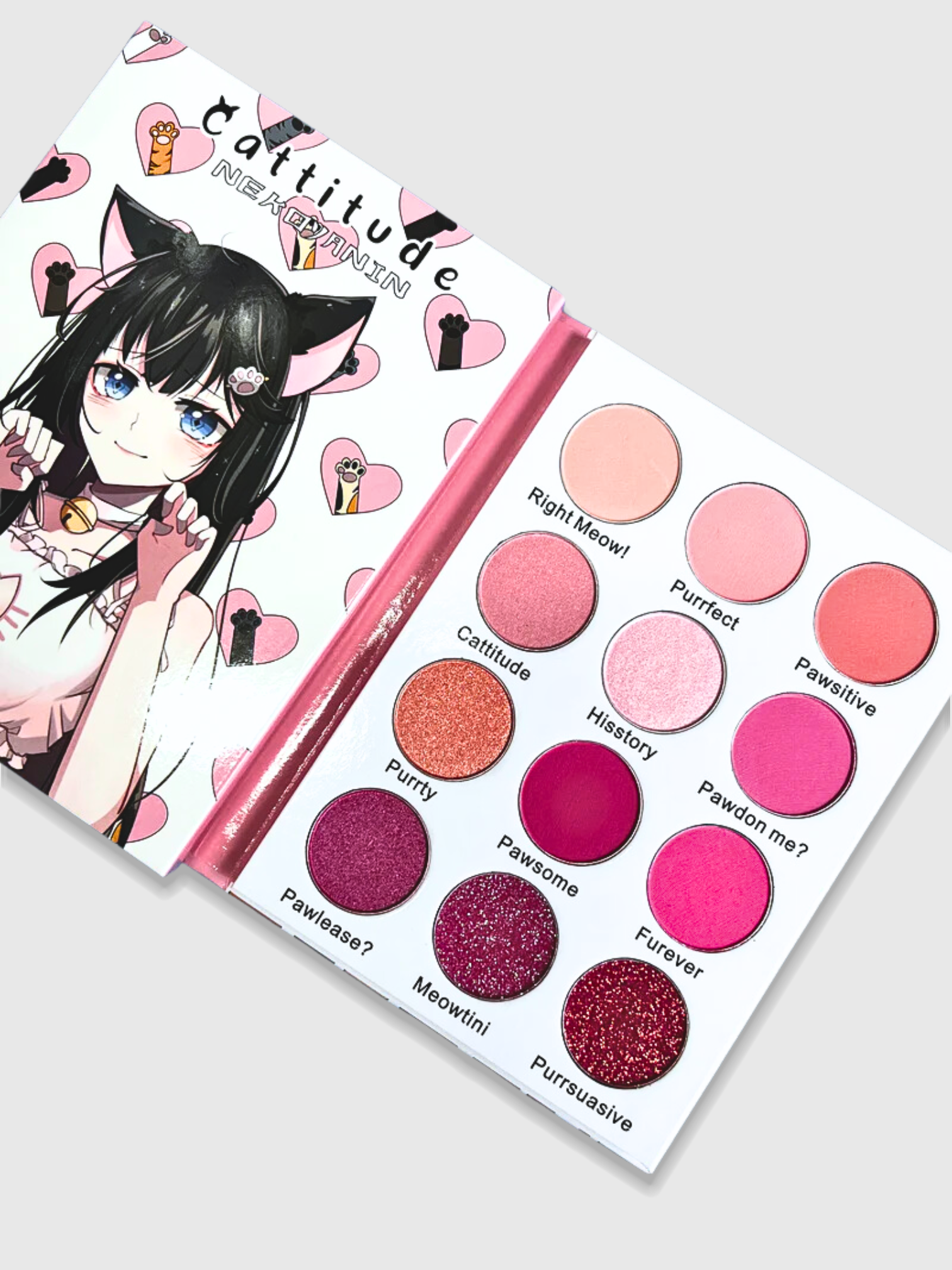 Nekoyanin Cattitude palette featuring colorful cat-themed eyeshadow shades in a compact palette.