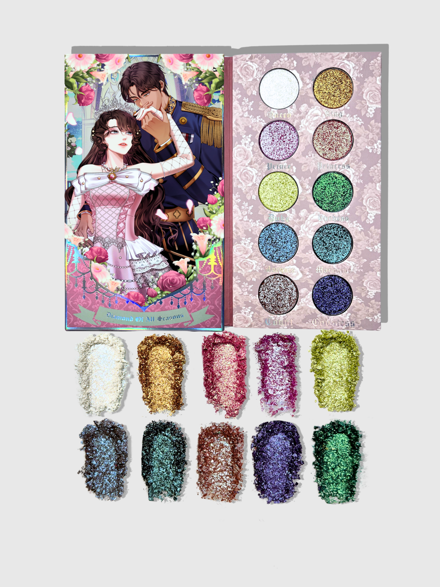 Nekoyanin Diamond of All Seasons duochrome pressed pigment palette with vibrant, shimmering eyeshadows in various colors.