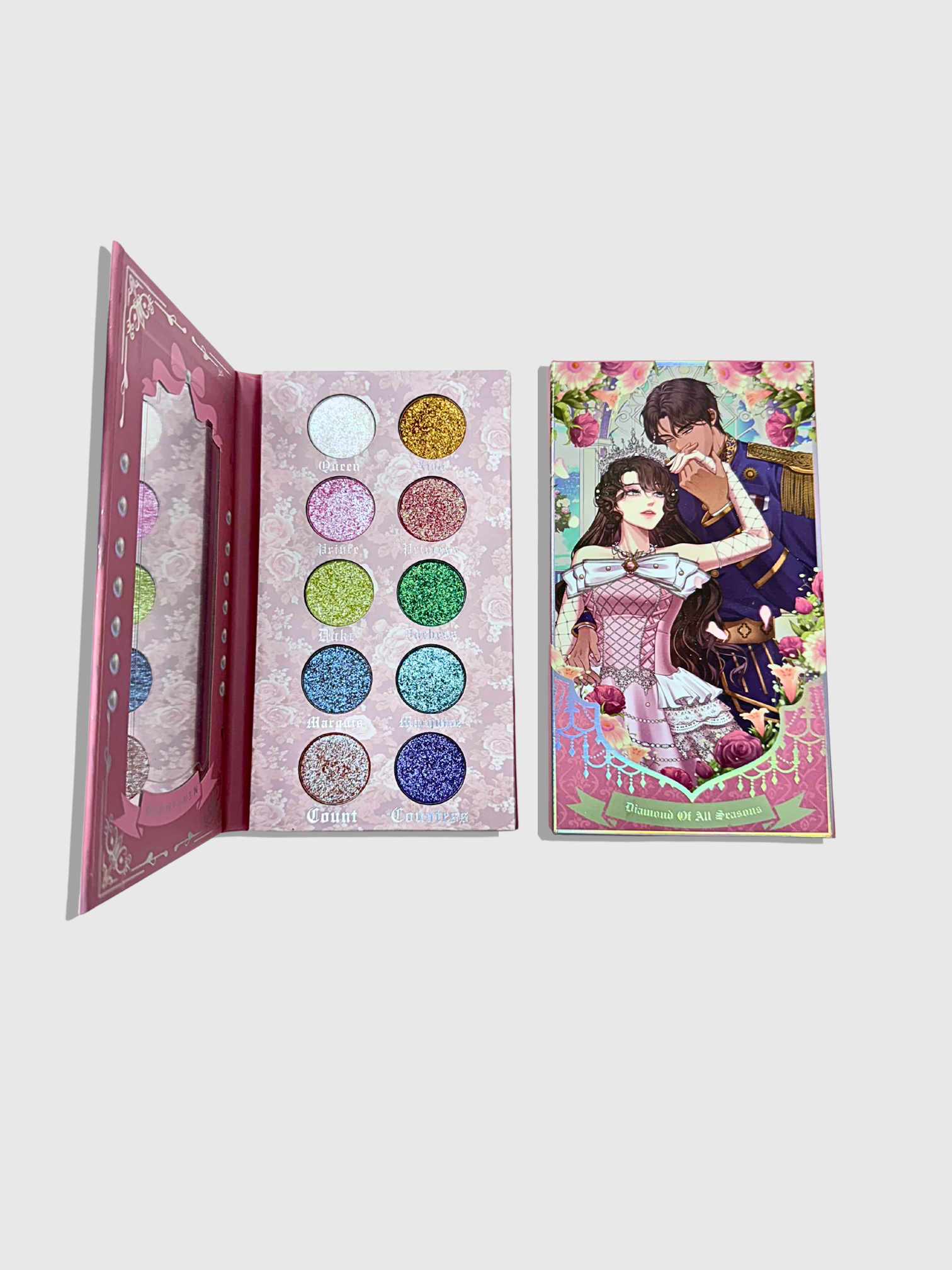 Nekoyanin Diamond Of All Seasons duochrome pressed pigment palette with vibrant, shimmering eyeshadow shades in a sleek compact.