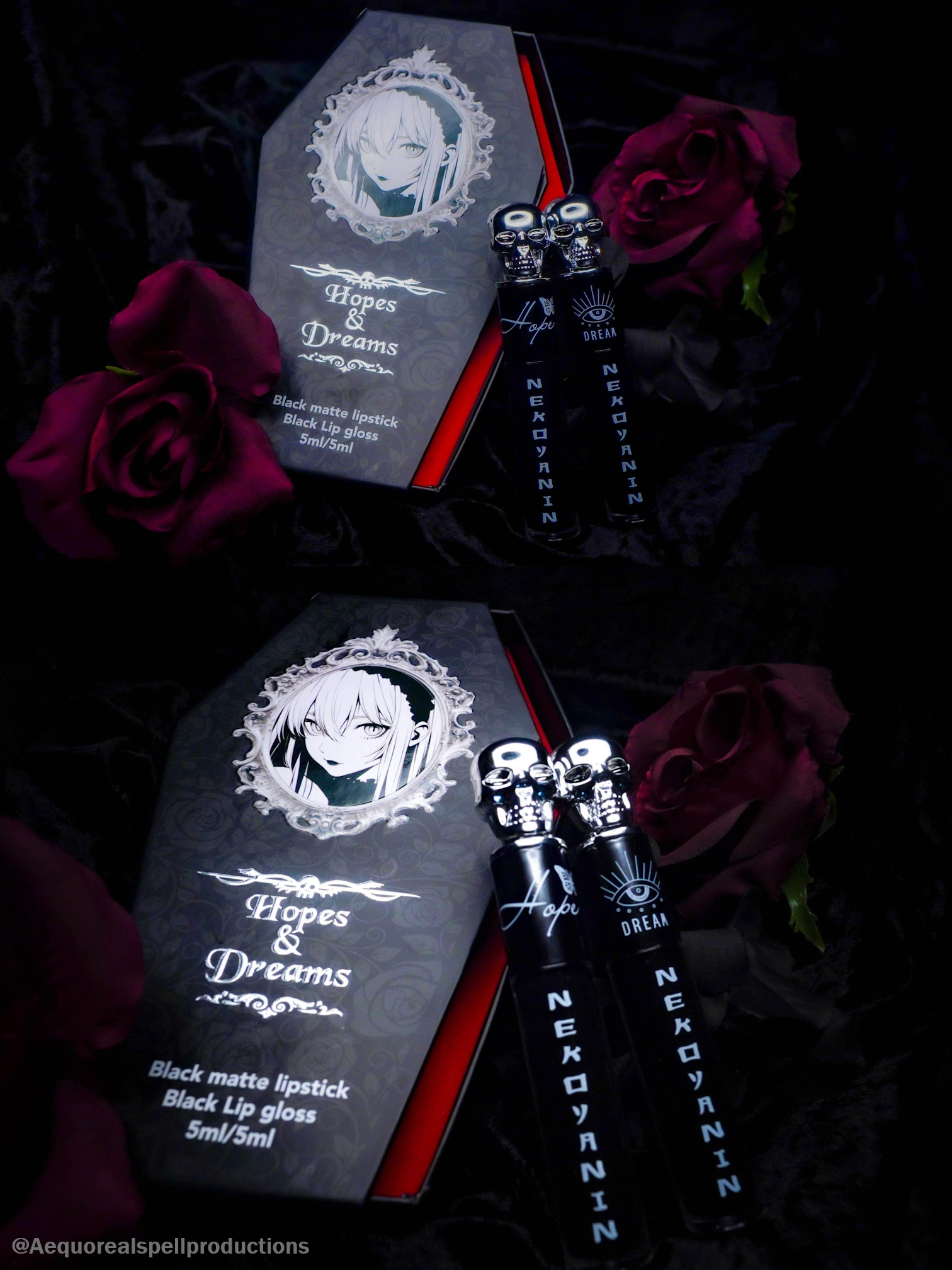 Nekoyanin Hopes And Dreams black liquid lipstick and lip gloss duo with sleek packaging and glossy finishes.