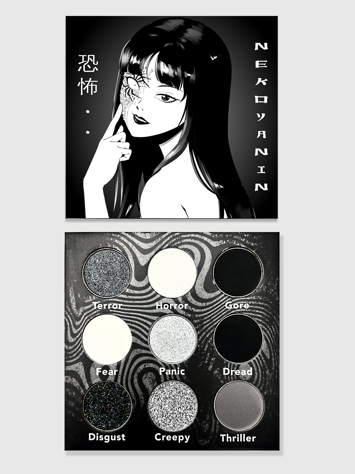 Japanese Horror Palette by Nekoyanin featuring dark, eerie eyeshadow shades with spooky, mysterious makeup effects.