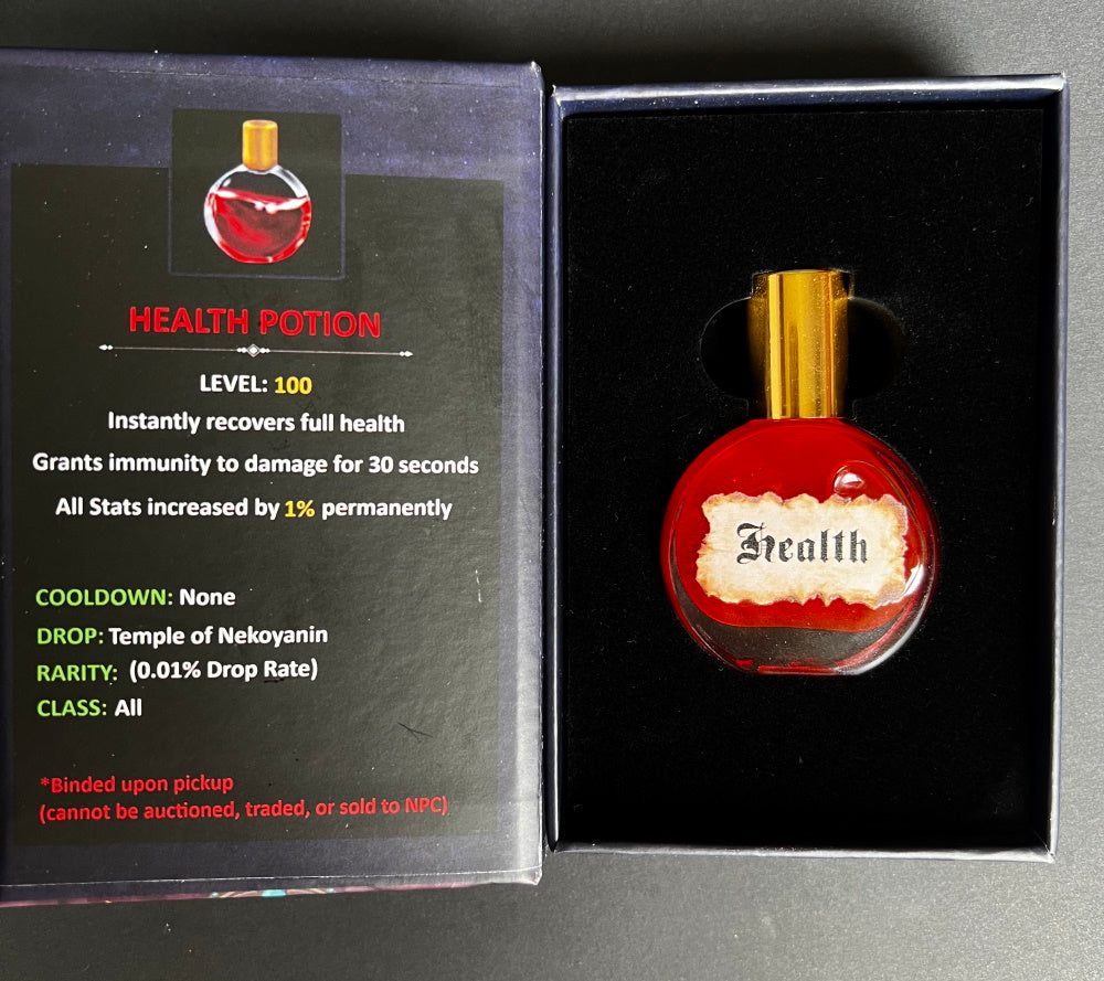 Nekoyanin Magic Potions bottle with colorful label, showcasing a whimsical design and health-boosting ingredients.