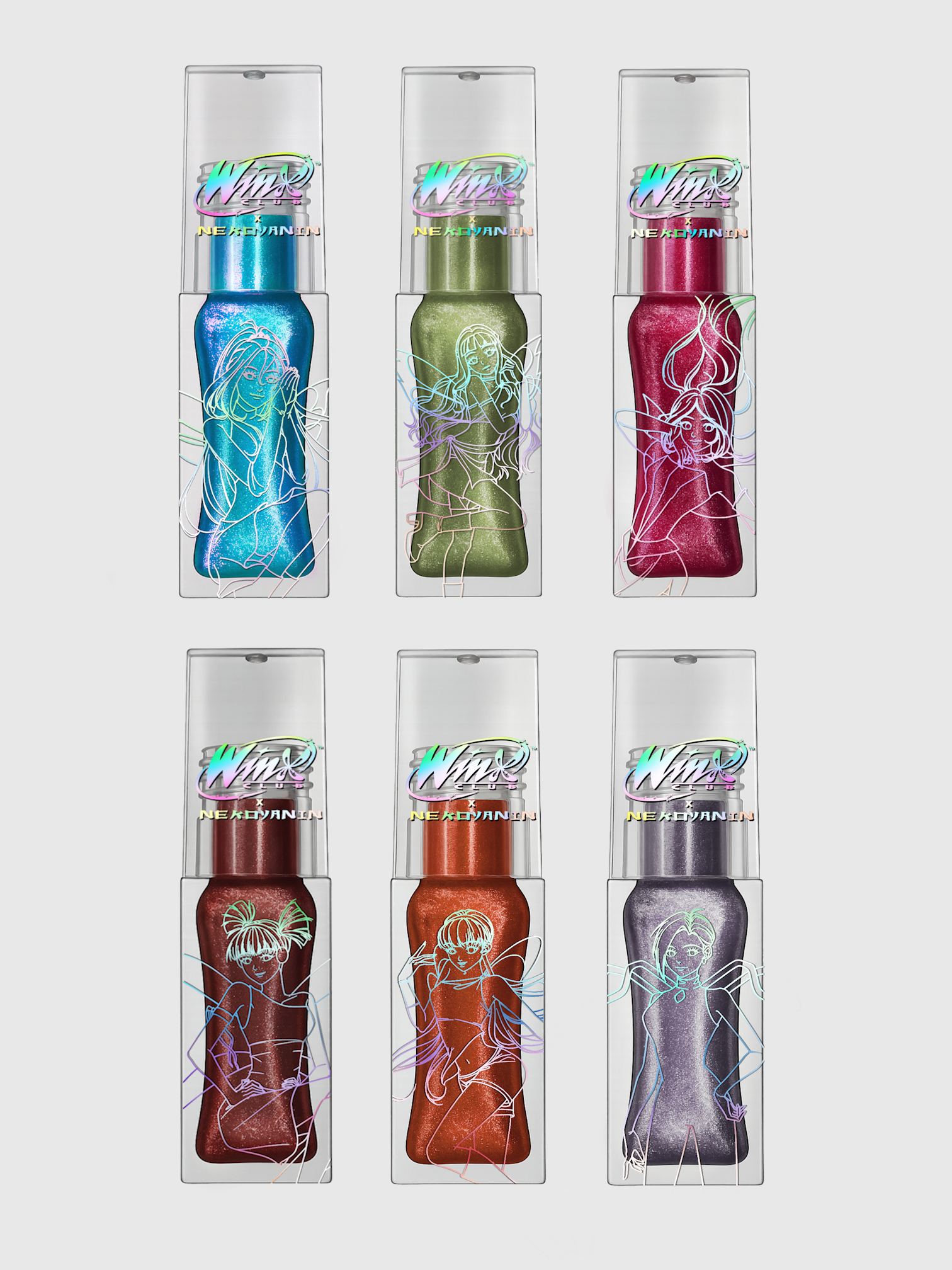 Nekoyanin x Winx Club lipgloss and lip treatment set with colorful packaging and cartoon character design, ideal for lip care.