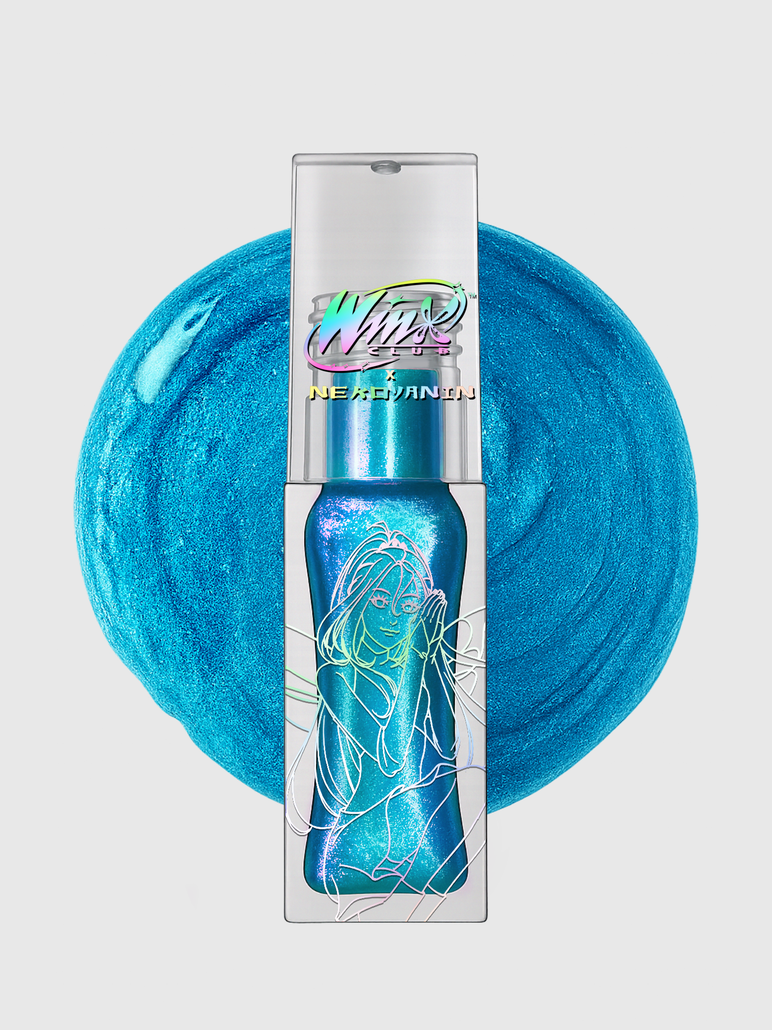 Nekoyanin x Winx Club lip gloss and lip treatment bundle showing colorful packaging and glossy finish on the products.