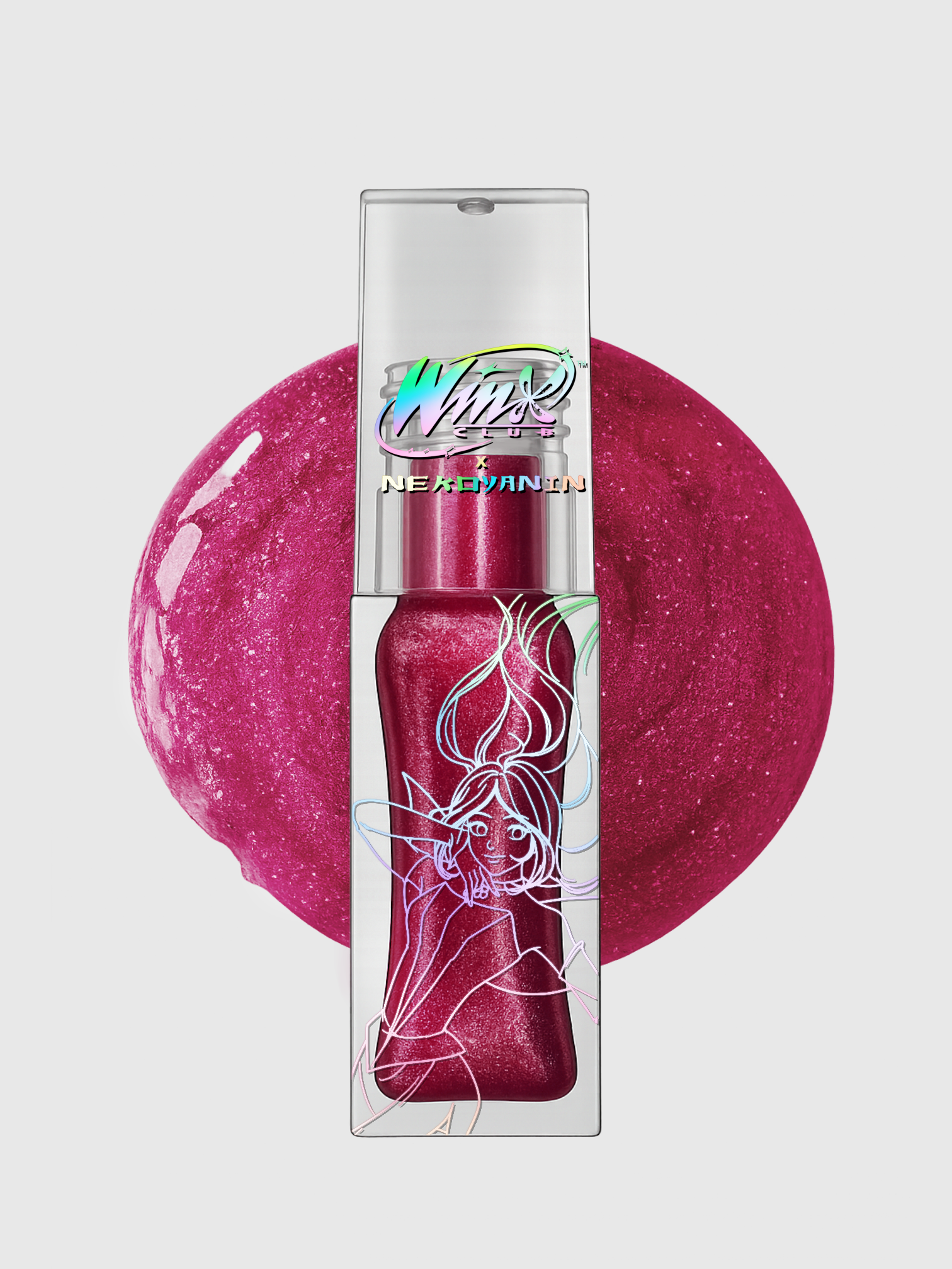 Nekoyanin x Winx Club lip gloss and lip treatment bundle featuring colorful packaging and playful design for nourished lips