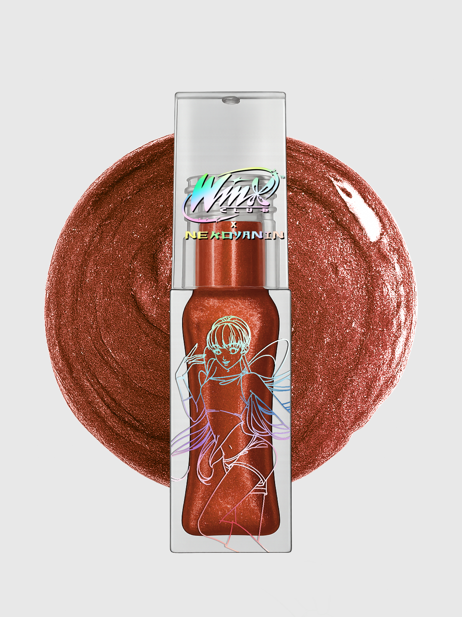 Nekoyanin x Winx Club lip gloss and lip treatment bundle with colorful packaging and cartoon character design.