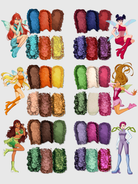 Nekoyanin x Winx Club makeup palette featuring colorful eyeshadows, blushes, and highlighters in a vibrant, themed compact.