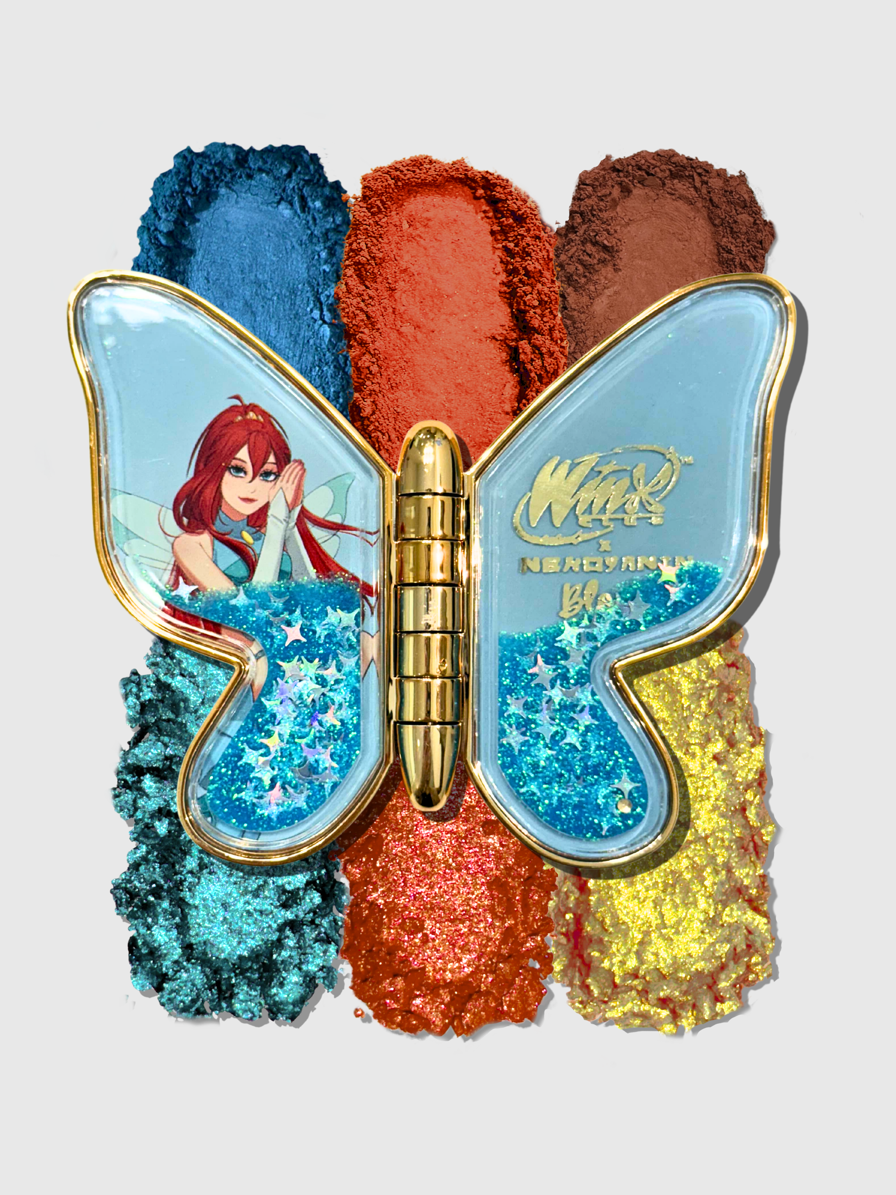 Nekoyanin x Winx Club makeup palette featuring colorful eyeshadows and blushes in a stylish compact.