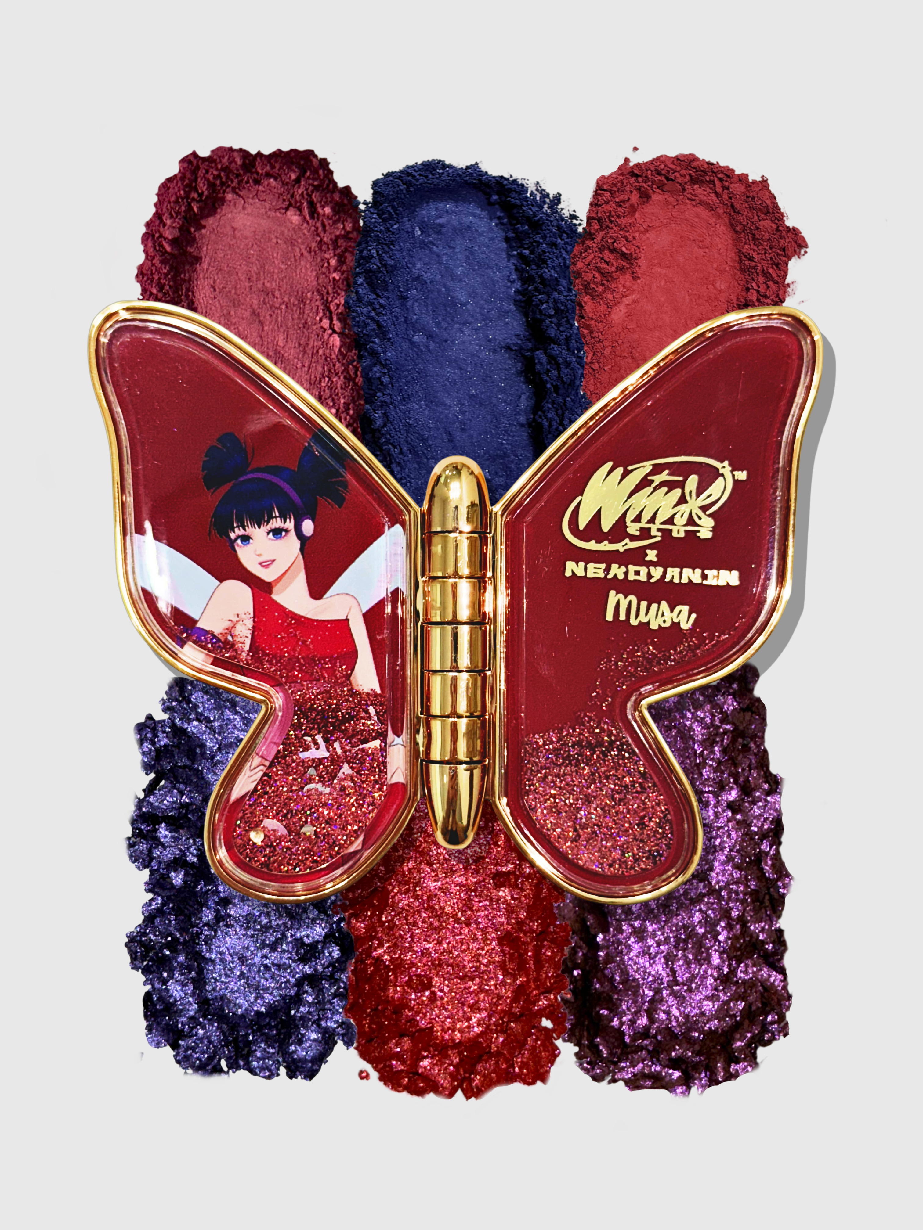 Nekoyanin x Winx Club makeup palette with colorful eyeshadows and blushes in a compact, featuring character-themed packaging.