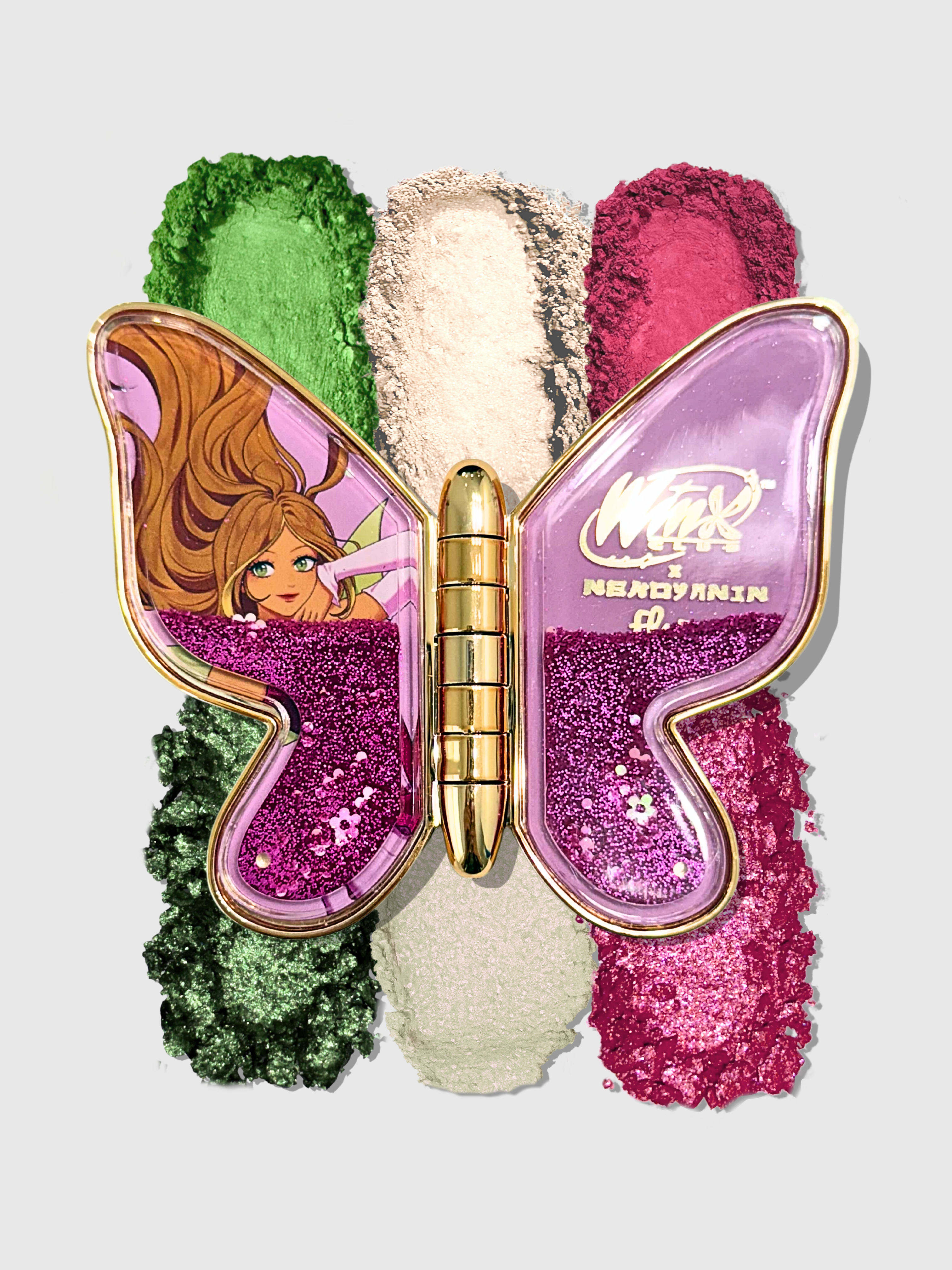 Nekoyanin x Winx Club makeup palette with colorful eyeshadows and blush in a vibrant, compact design.